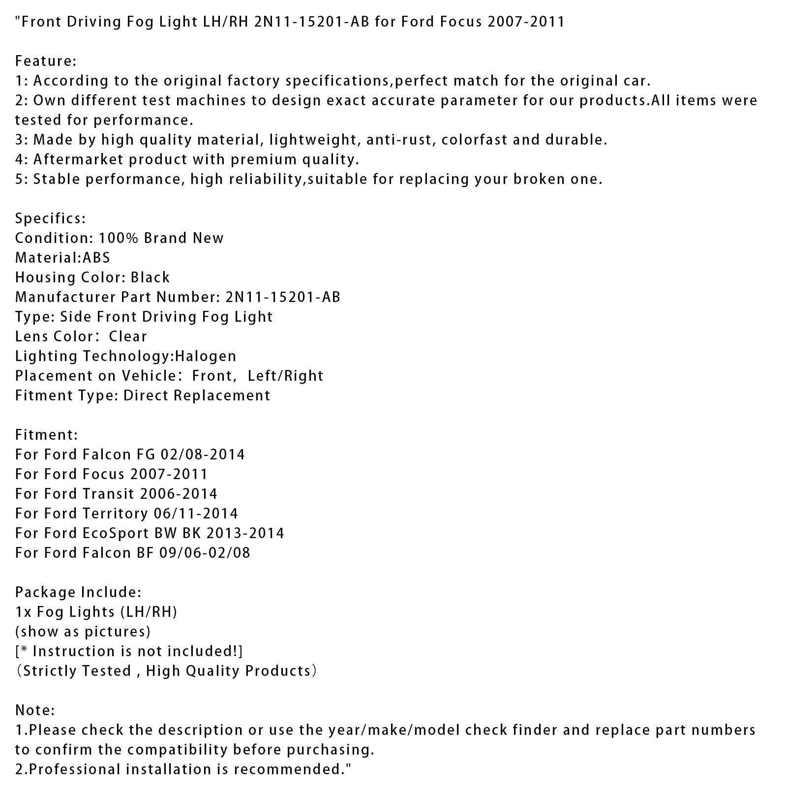 Mistlamp vooraan LH/RH 2N11-15201-AB voor Ford Transit 2006-2014