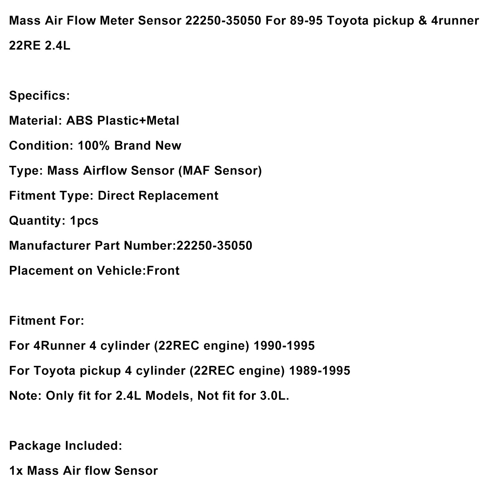 Massaluchtstroommetersensor 22250-35050 voor Toyota pick-up uit 1989-1995 & 4runner 2.4L