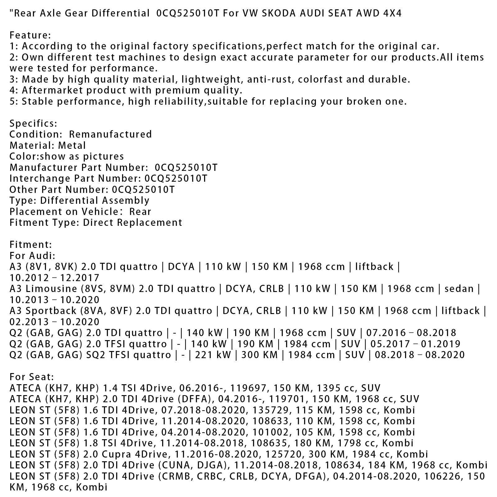 Bakaksel gir differensial 0cq525010t for VW Skoda Audi Seat AWD 4x4