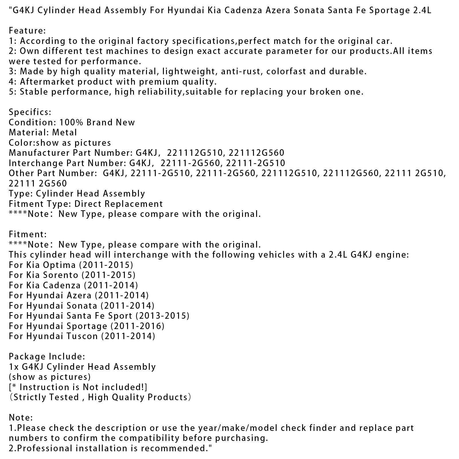 2011-2014 Kia Cadenza G4KJ Cylinder Head Assembly 221112G510 221112G560