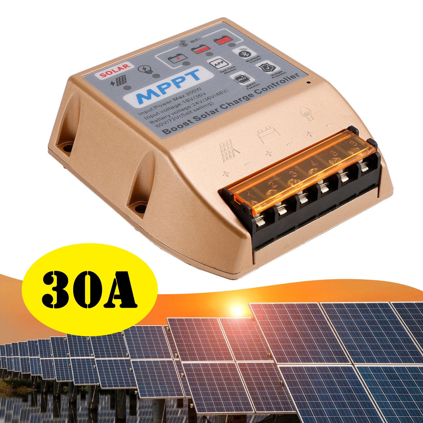 10A/20A/30A Boost MPPT-zonnecontroller 24V36V48V60V72V Mobiele APP Smart Control