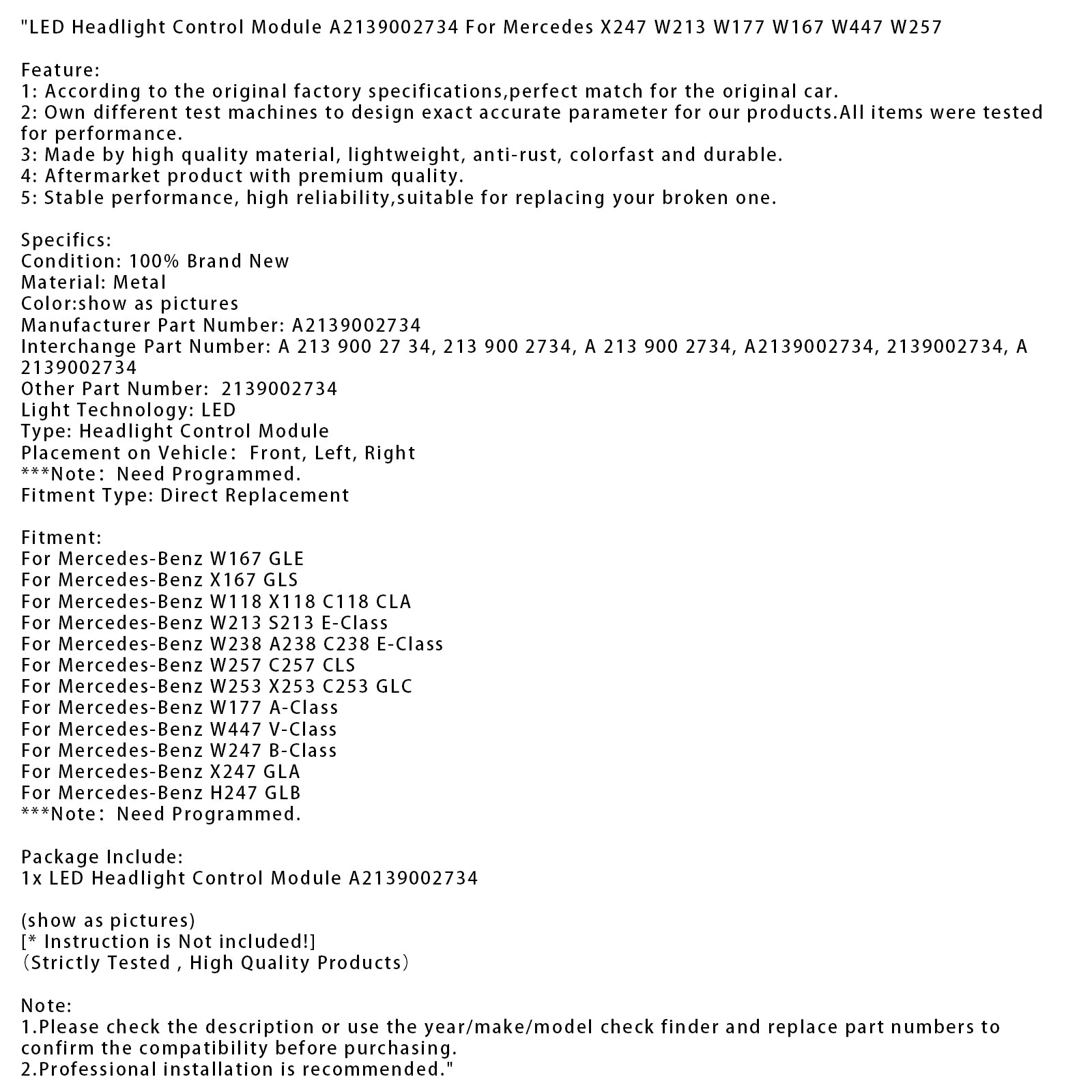 Mercedes-Benz W177 A-Class LED Headlight Control Module A2139002734