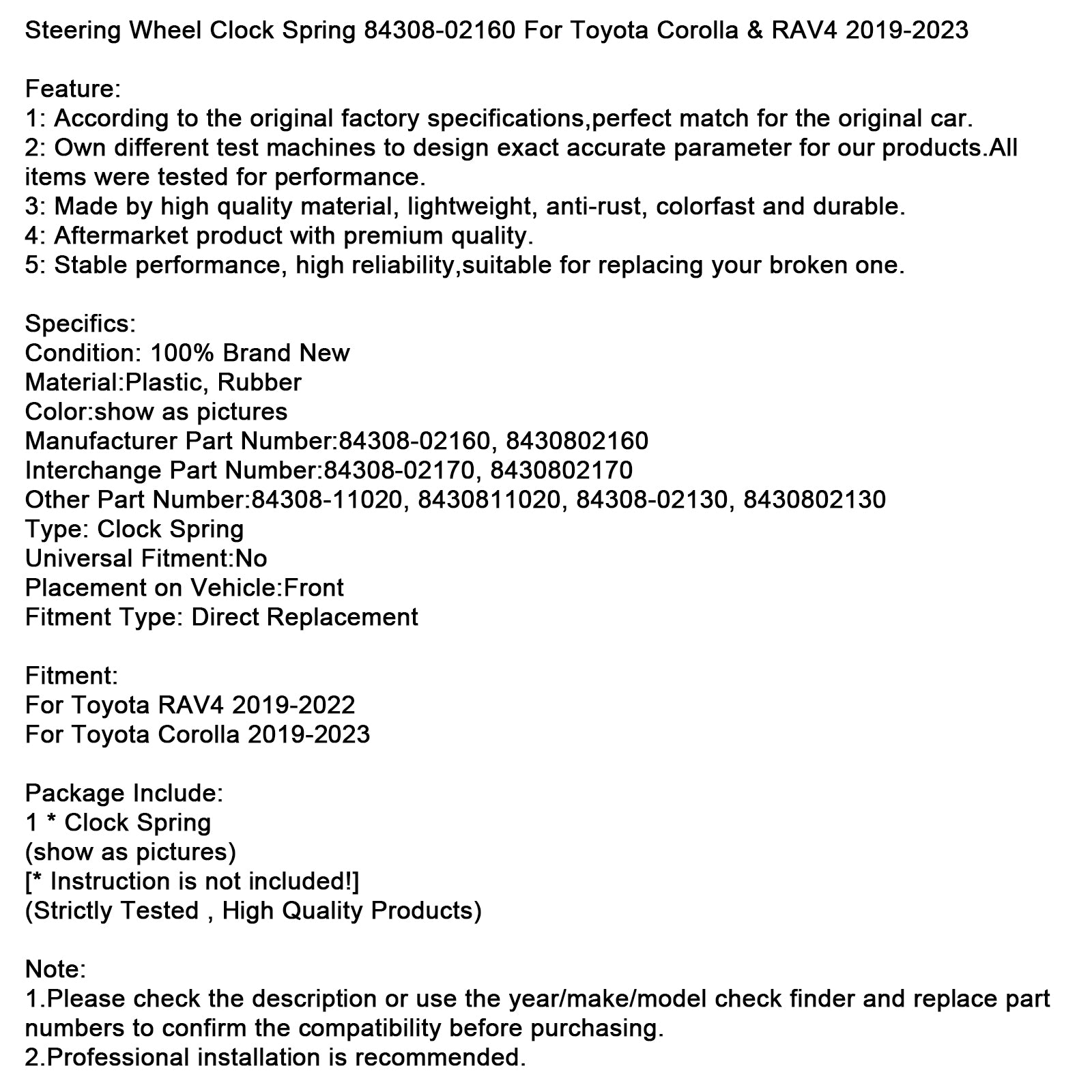 Rattklockfjäder 84308-02160 för Toyota Corolla & RAV4 2019-2023