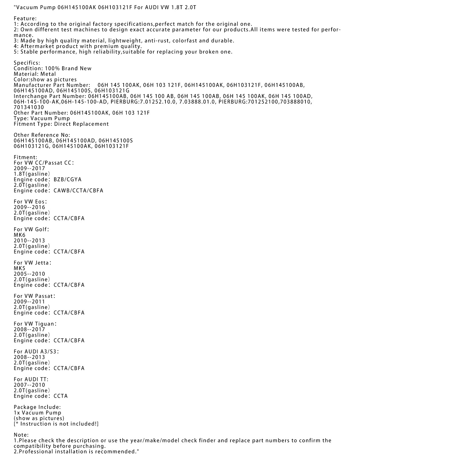 Audi VW 1,8T 2,0T Vákuové čerpadlo 06H145100AK 06H103121F 06H145100AB