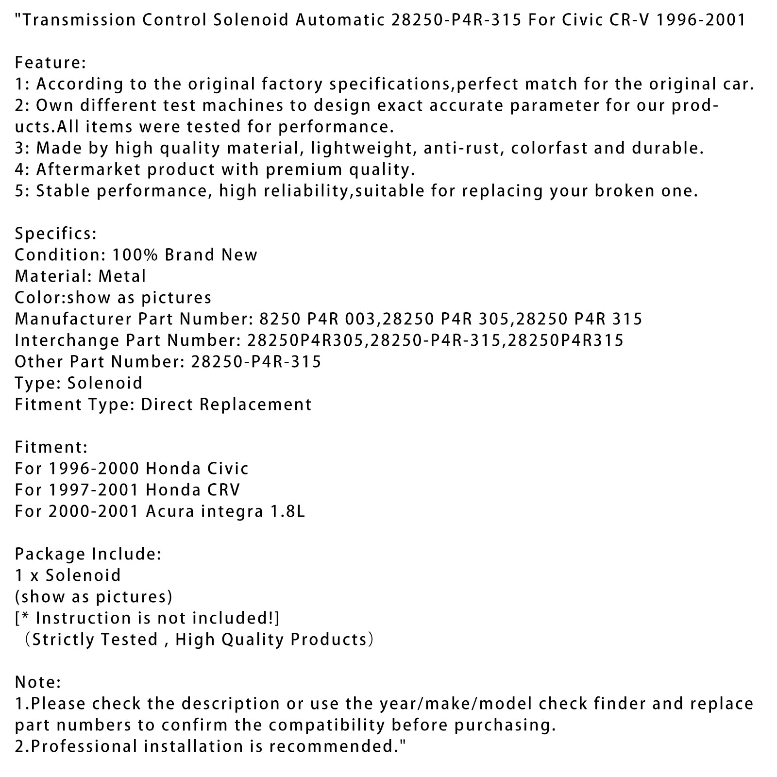 Transmissie Controlemagneet Automatische 28250-P4R-315 Voor Civic CR-V 1996-2001
