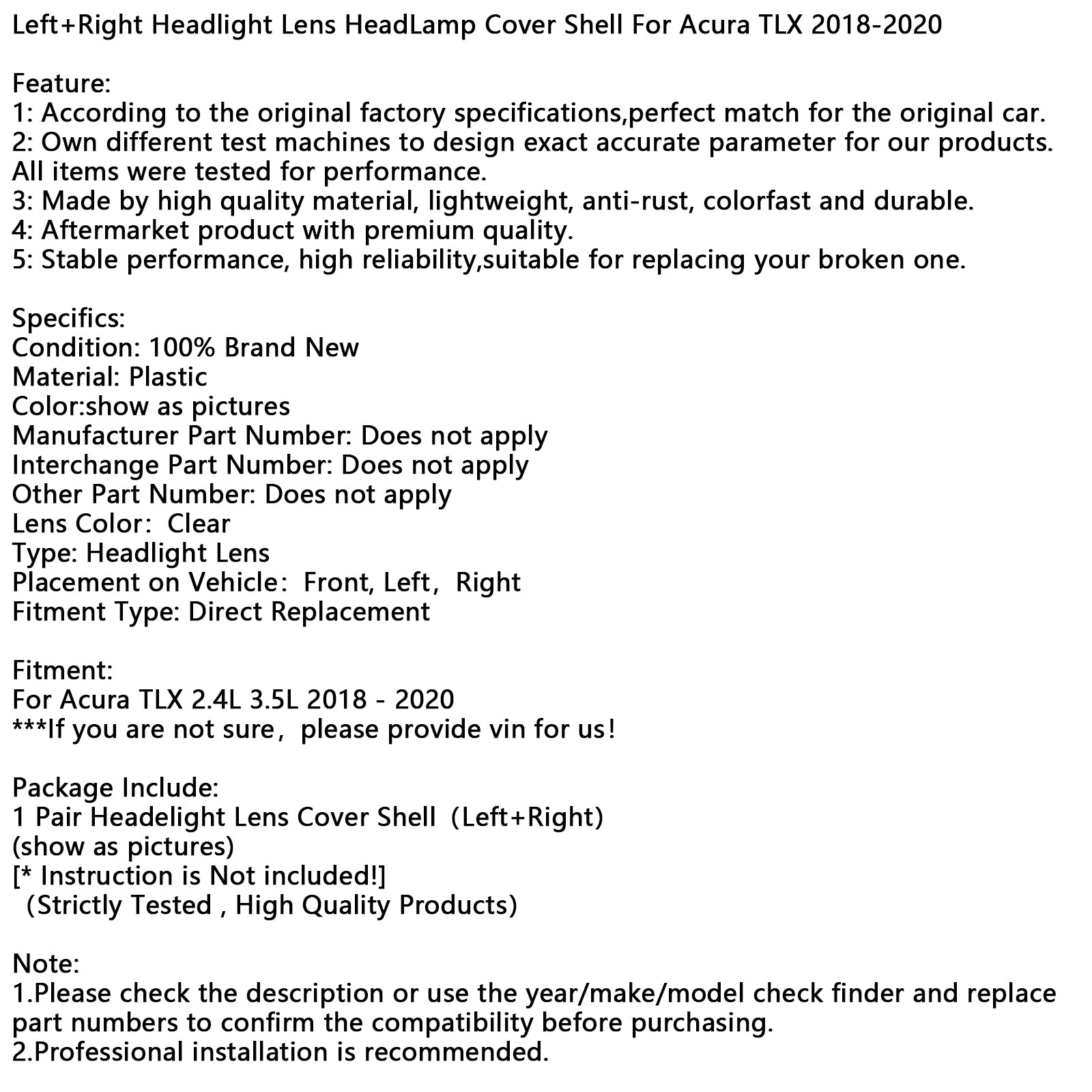 2018-2020 Acura TLX izquierda + lente de faro derecho cubierta de faro