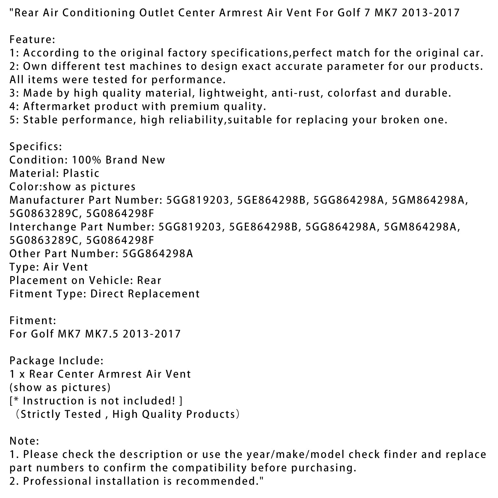 2013-2017 Golf 7 MK7 Achteruitlaat Airconditioning Ventilatie Middenarmsteun