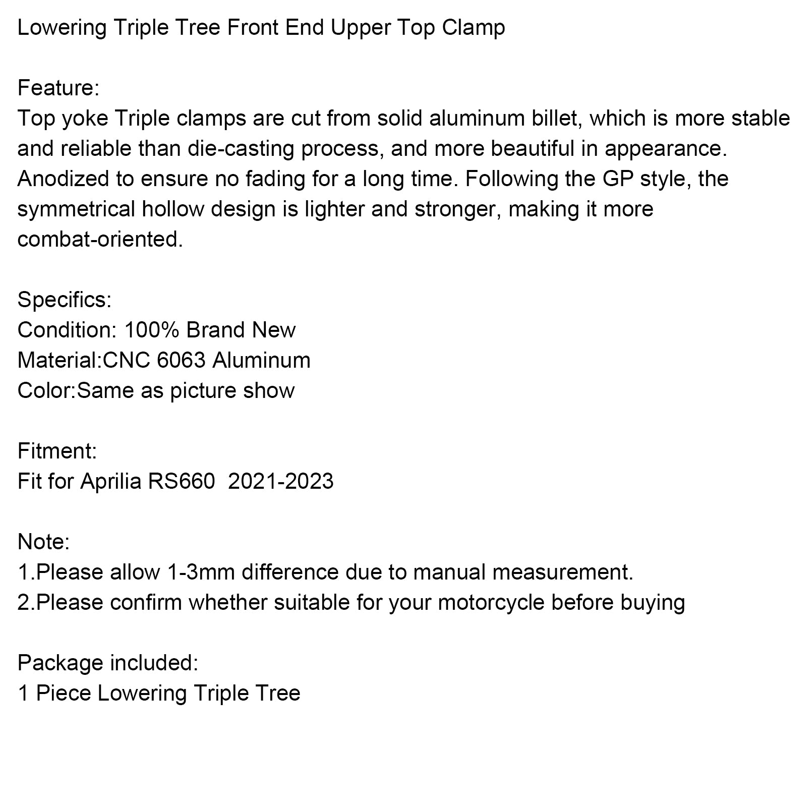 2021-2023 APRILIA RS660 Sänker Triple Tree Front Upper Top Clamp