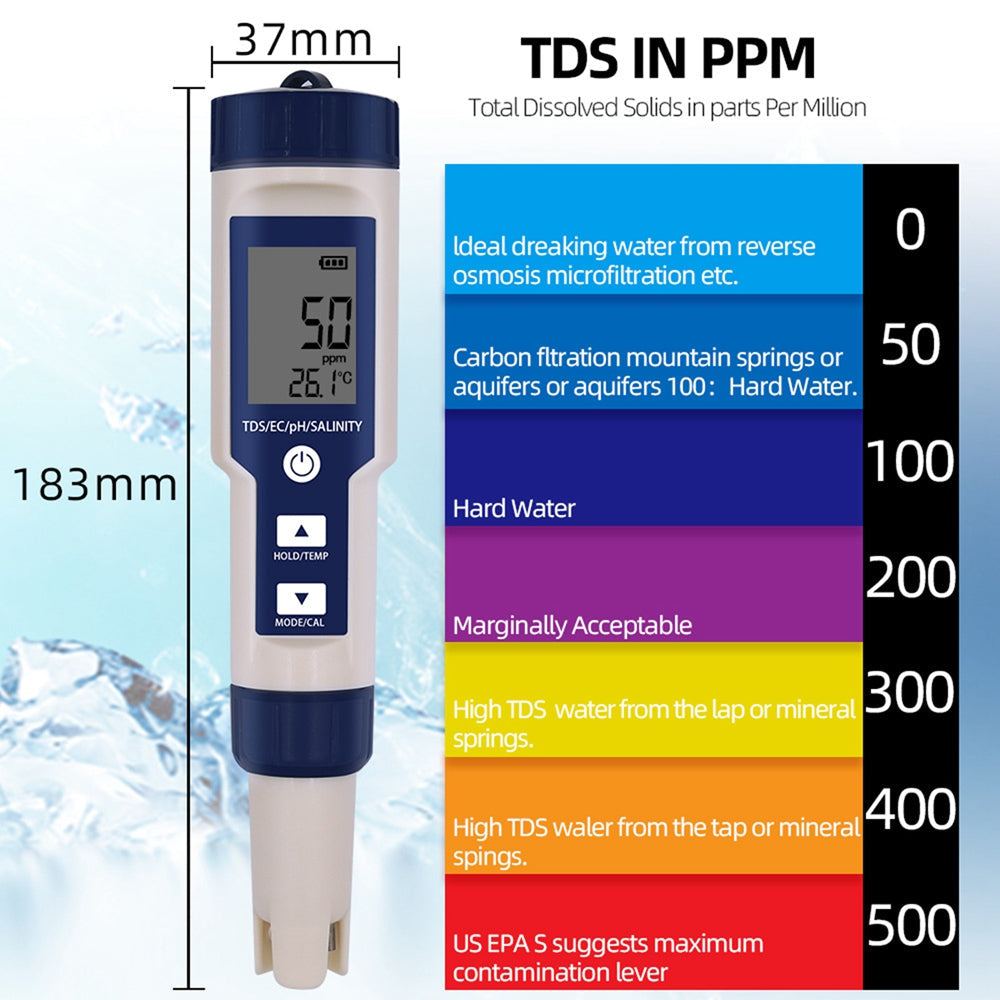 5in1 pH/TDS/EC/Salinidade/Temperatura Ferramenta de teste do medidor de qualidade de qualidade da água digital