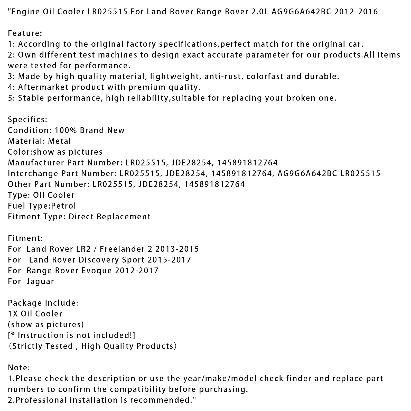 Motoroliekoeler LR025515 per Land Rover Range Rover 2.0L AG9G6A642BC 2012-2016