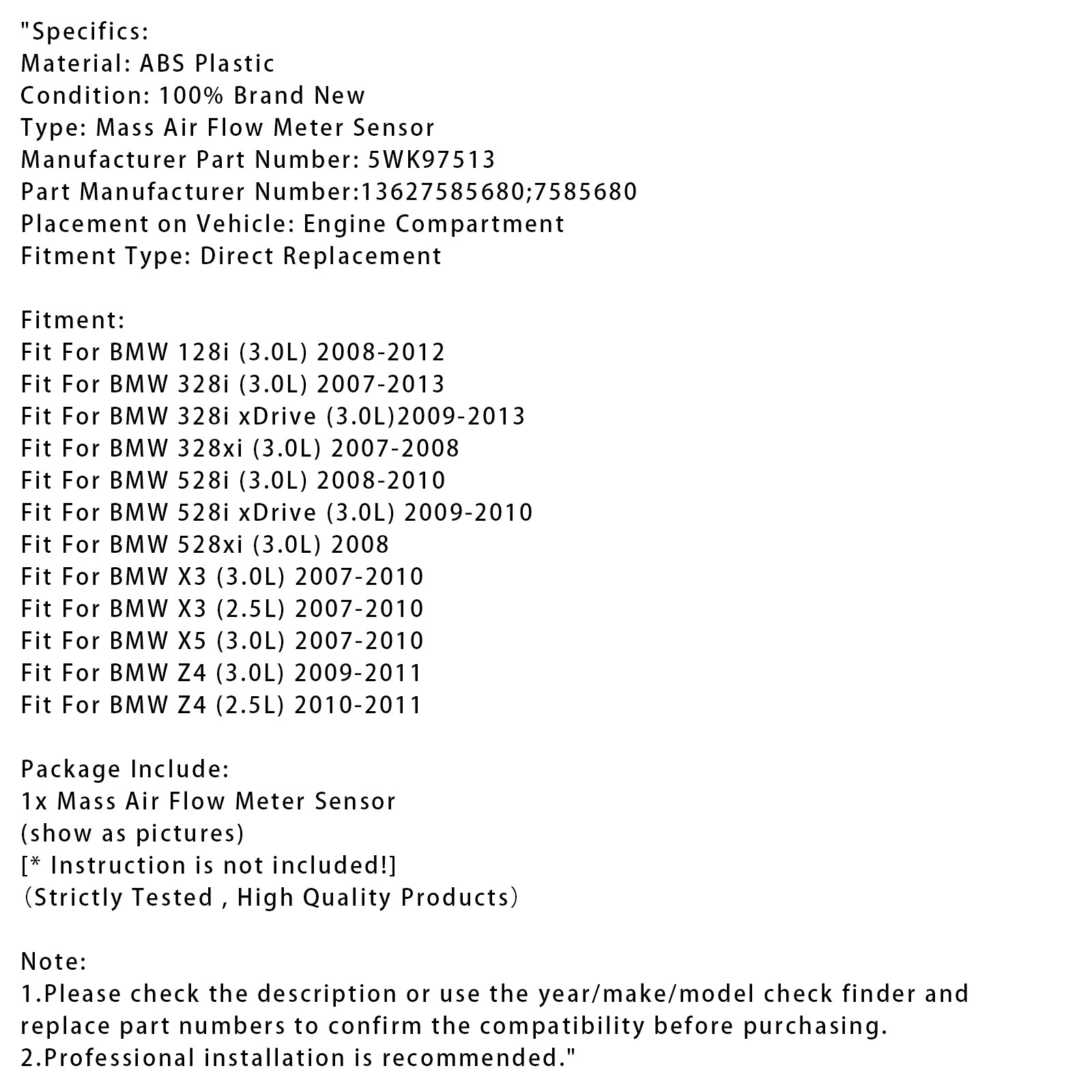 Mass Air Flow Meter Sensor For BMW 128i 328i X3 X5 Z4 13627585680