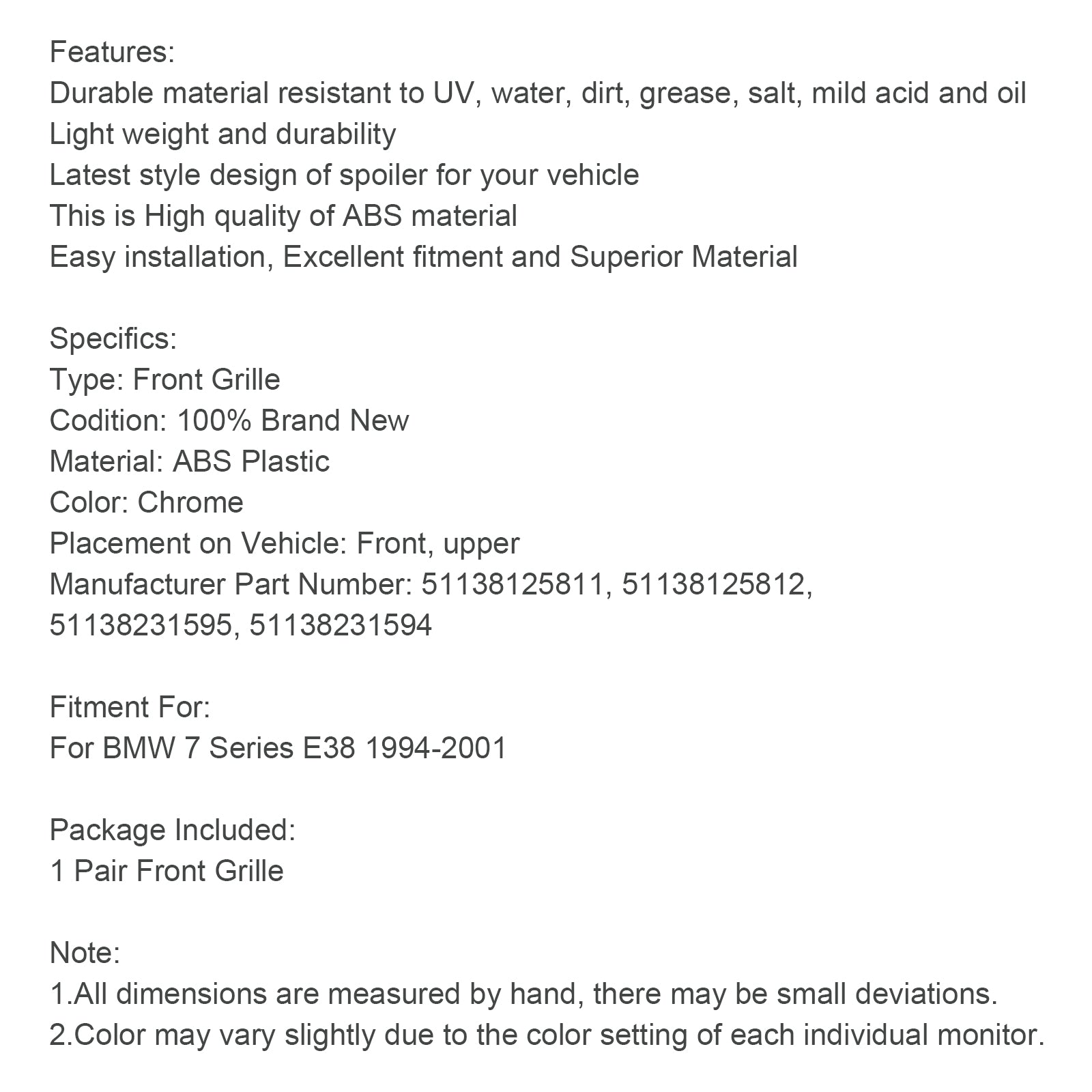 1994-2001 BMW 7 Series E38 Chrome Front Kidney Grill Grille 2pcs