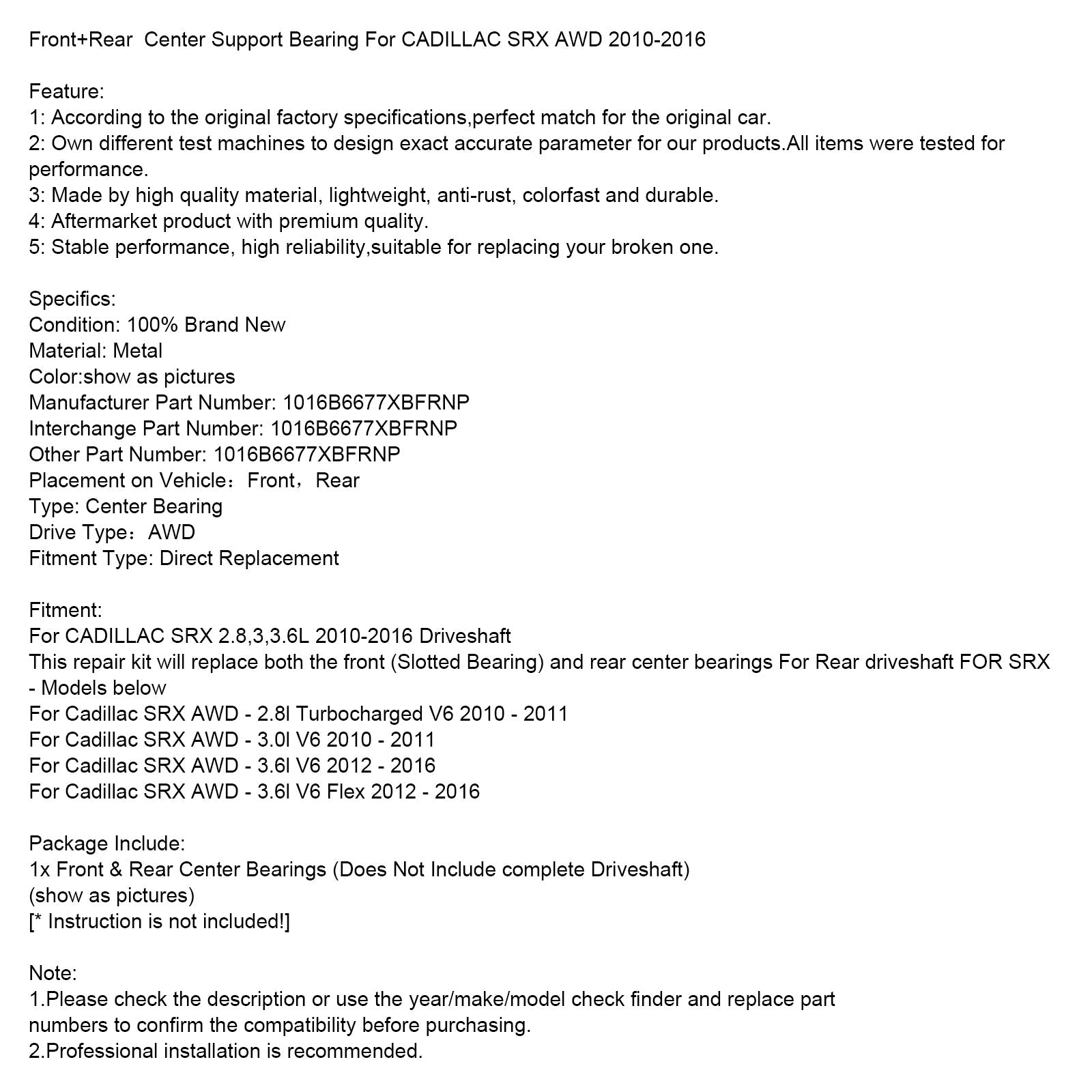2010-2011 Cadillac SRX AWD - 3,0L V6 Front+Zadné stredové podpora ložiska 1016B6677XBFRNP