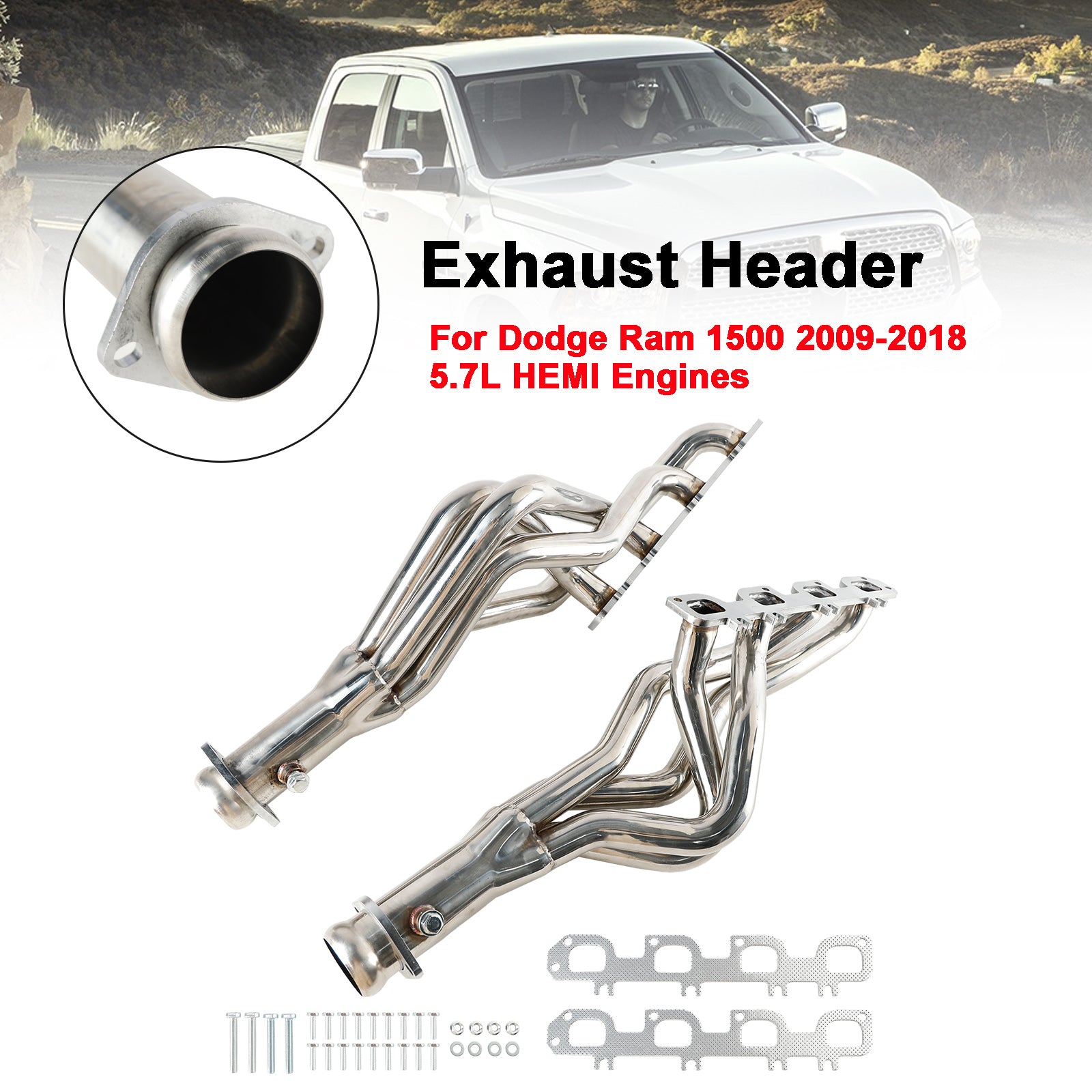 Langt rør rustfritt overskrift manifold eksos fit dodge ram 1500 5.7L 2009-18