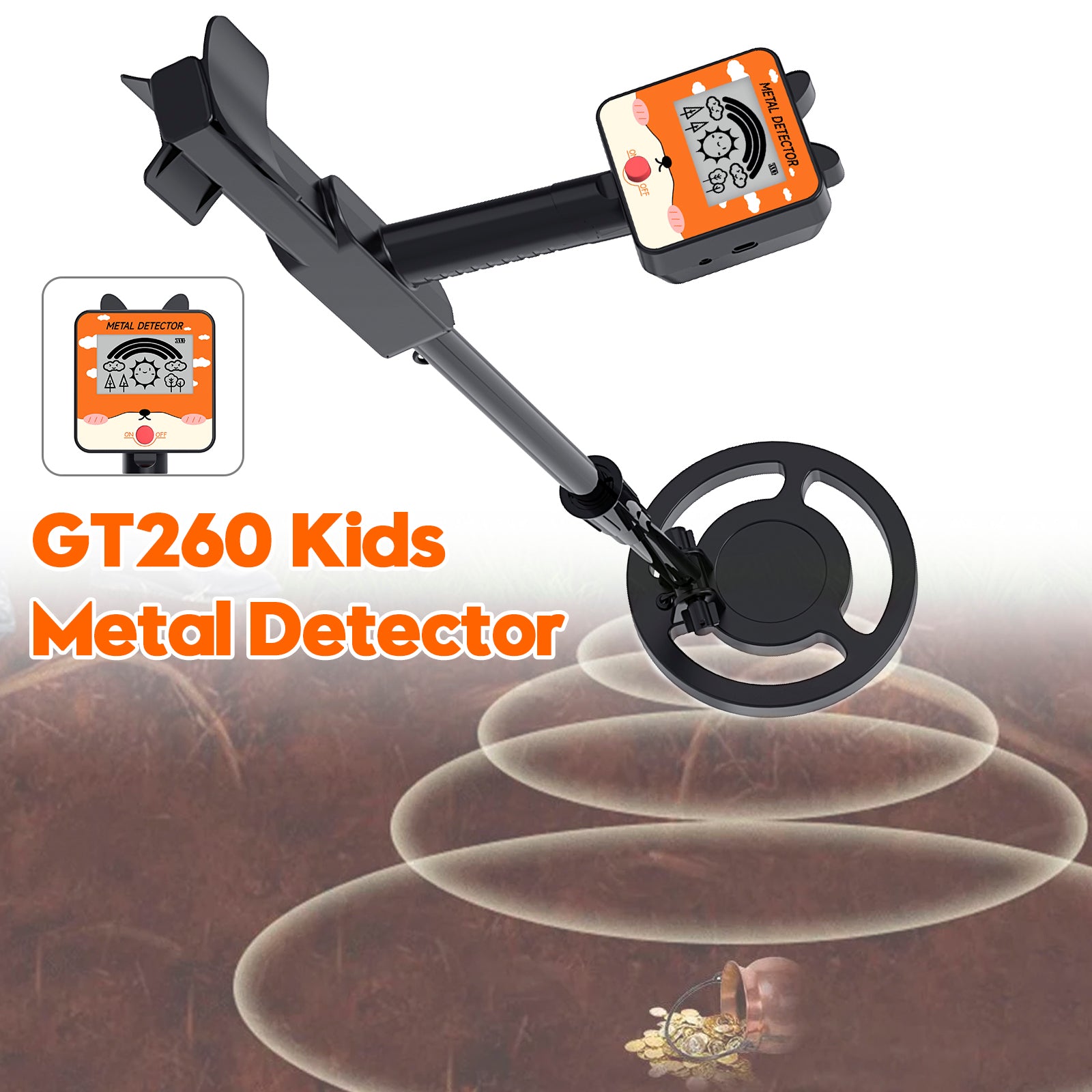 GT260 Kids Treasure Seeker Metaaldetector Waterdicht 6.3"Zoekspoel Zwart