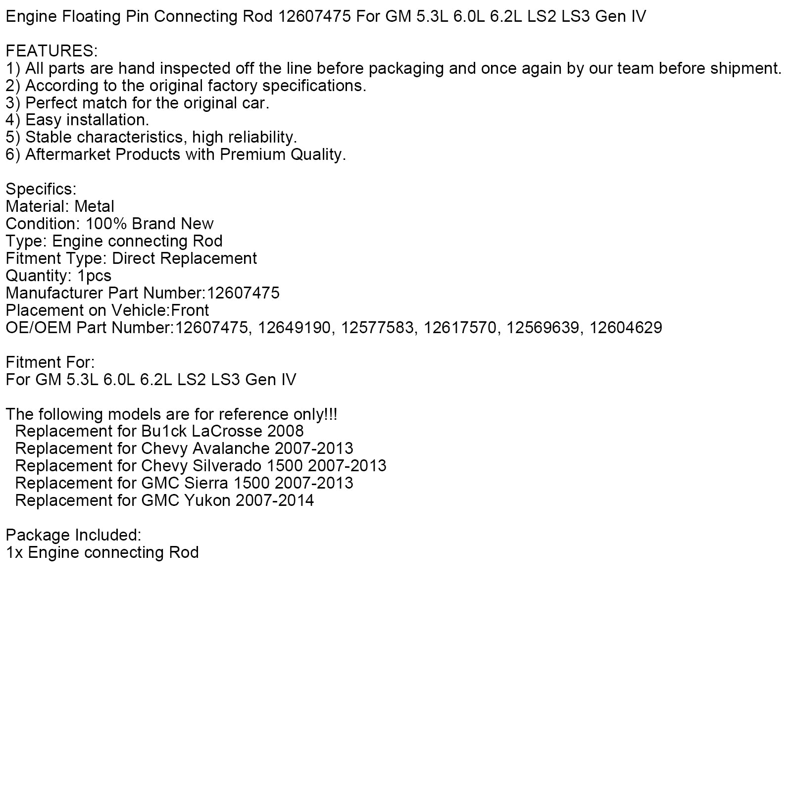 Pin flottant moteur Bielle de connexion 12607475 pour GM 5.3L 6.0L 6.2L LS2 LS3 GEN IV