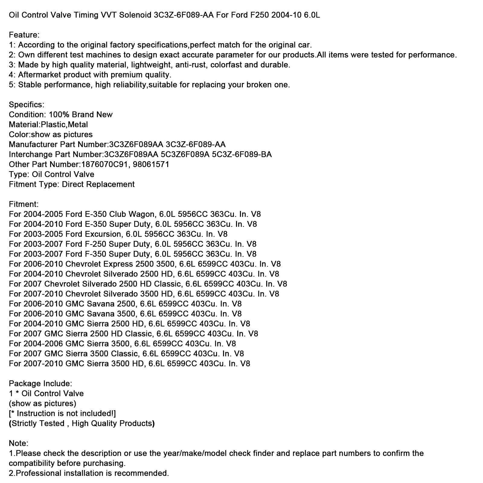 Solénoïde de synchronisation de soupape de commande d'huile VVT 3C3Z-6F089-AA pour Ford F250 2004-10 6.0L
