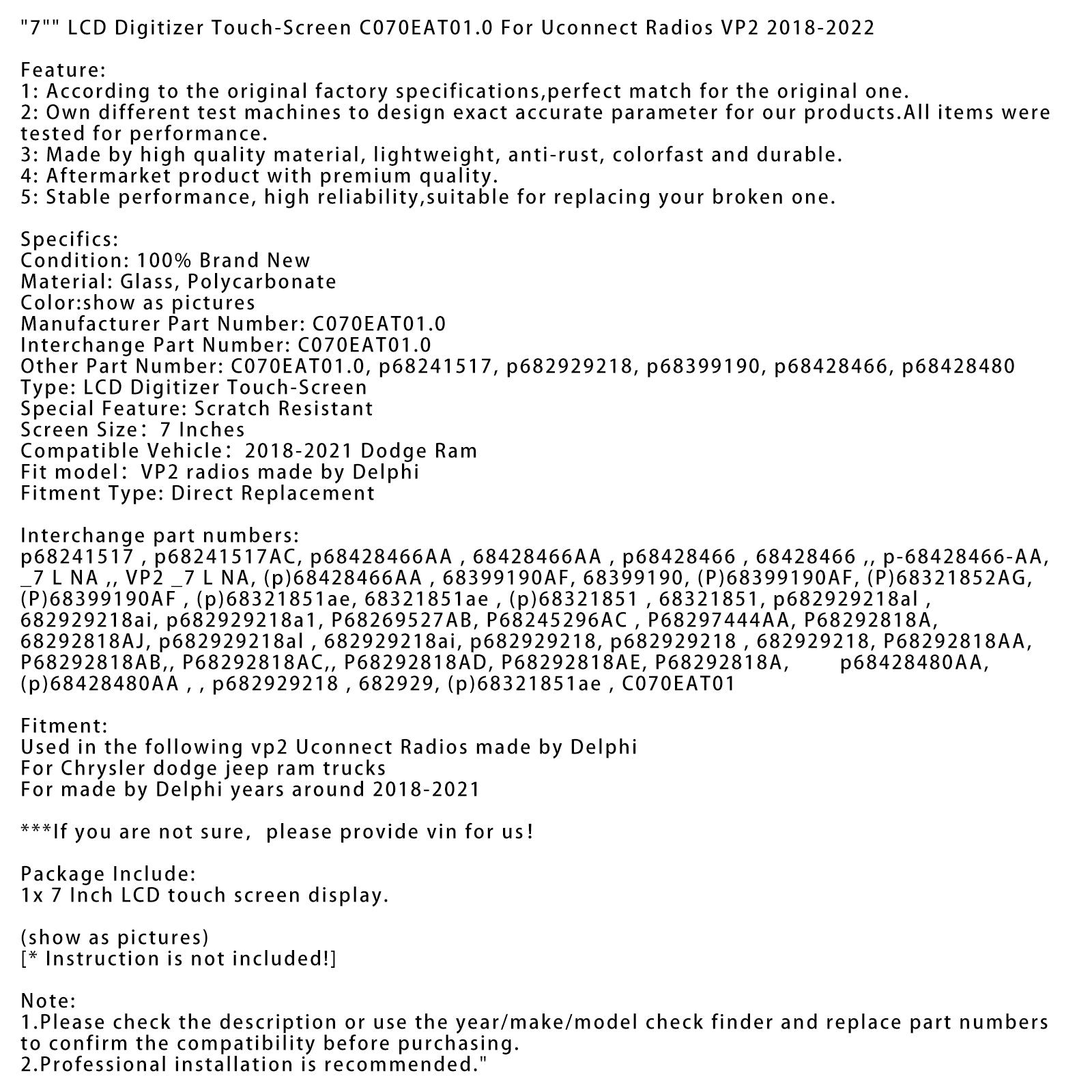 2018-2022 Uconnect Radios VP2 7" LCD Digitizer Touch-Screen C070EAT01.0