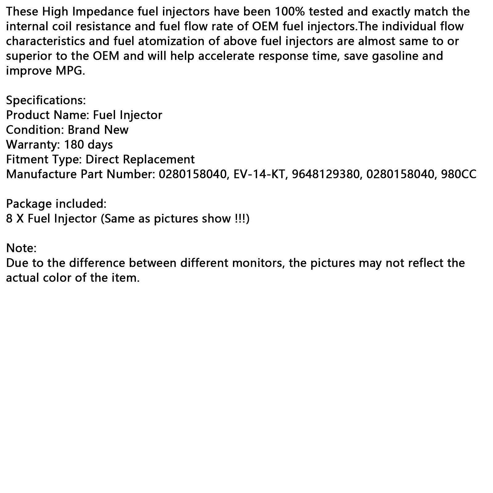 8pcs 980cc Injektor paliva 0280158040 Fit Bosch Dýzu ventil ev14kt benzín