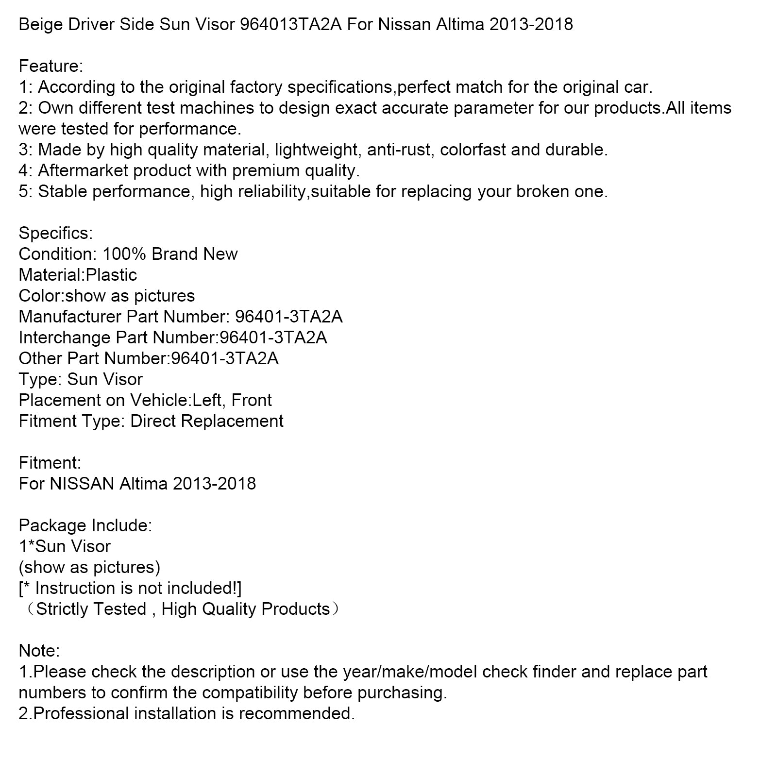 2013-2018 Nissan Altima Veige Side Side Sun Visor 964013ta2a