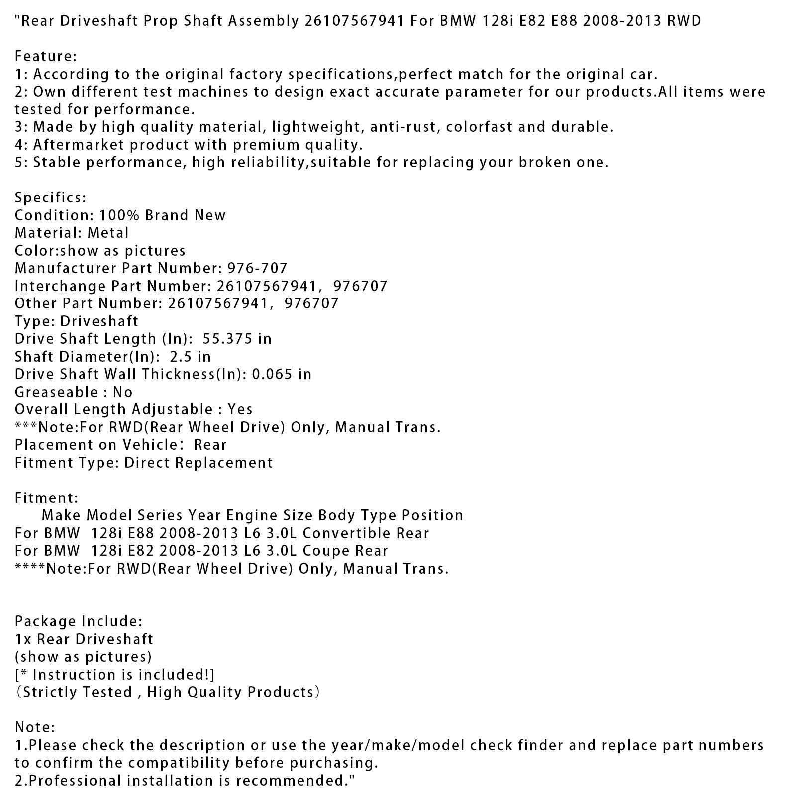 2008-2013 BMW 128i E82 E88 Assemblage d'arbre de transfert arrière 26107567941