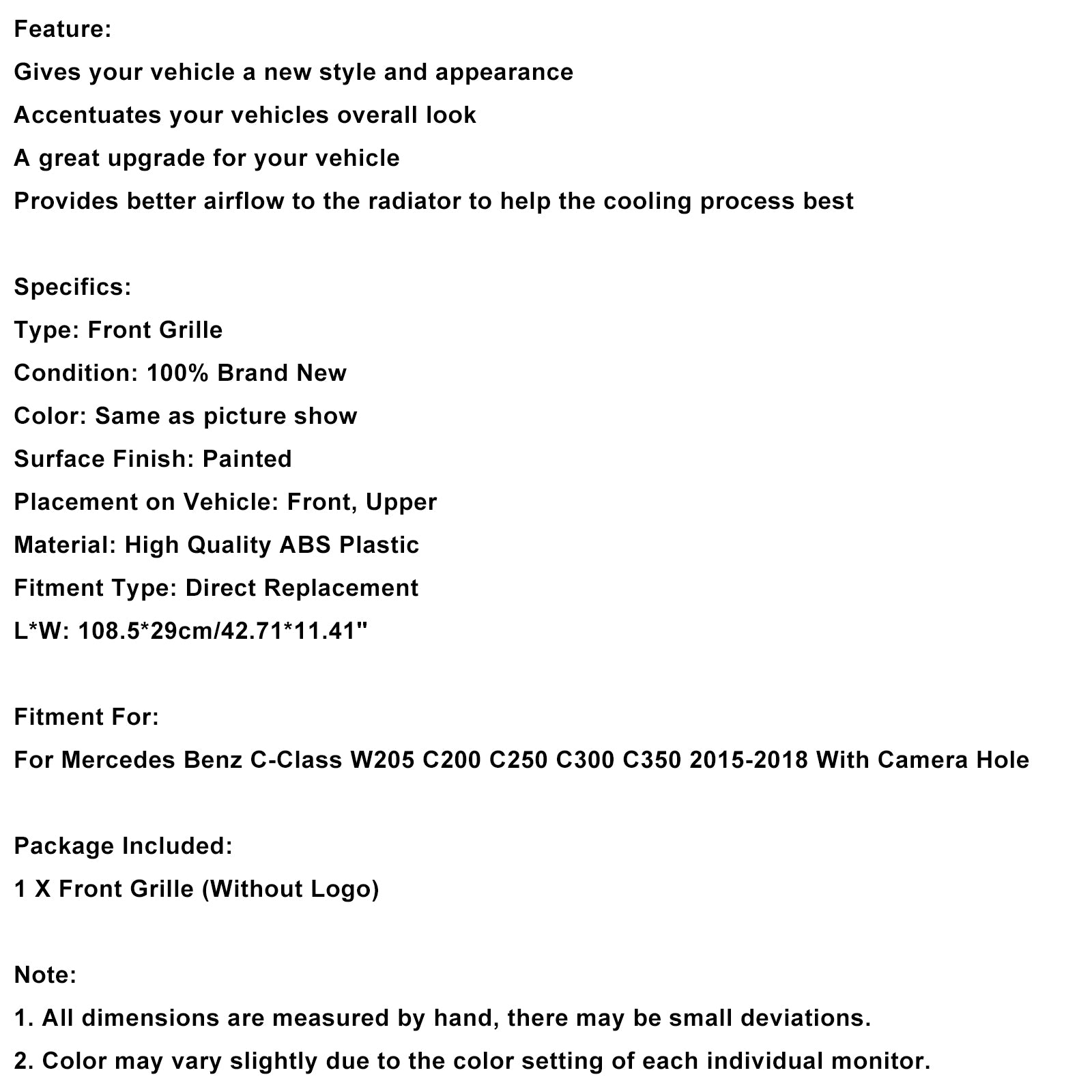 Diamond Front Grille Fit Benz C-Klasse W205 C250 C300 C400 2015-2018