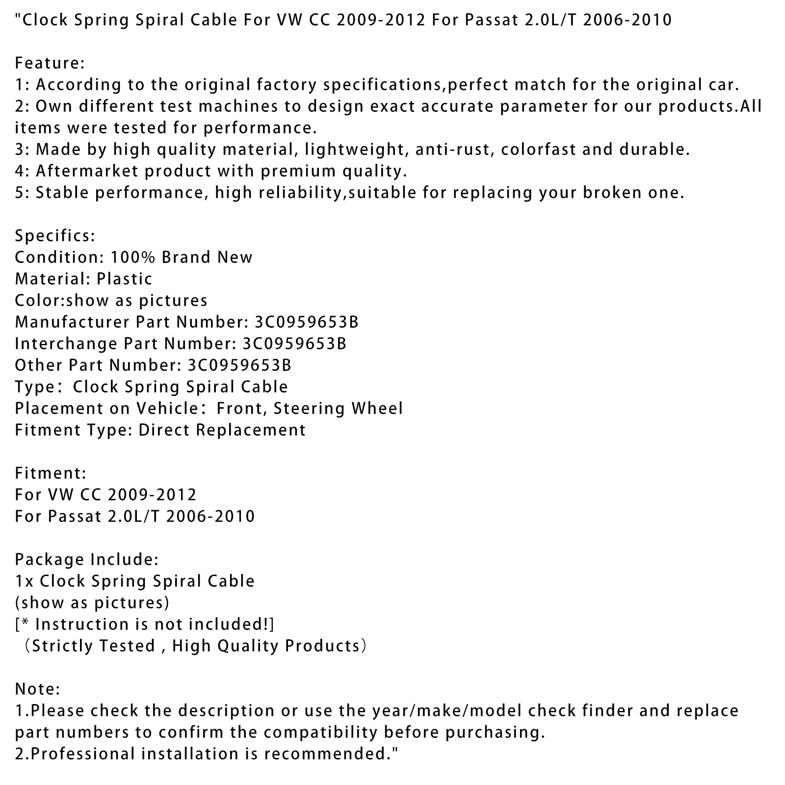 Clock Spring Spiral Cable For VW CC 2009-2012 For Passat 2.0L/T 2006-2010