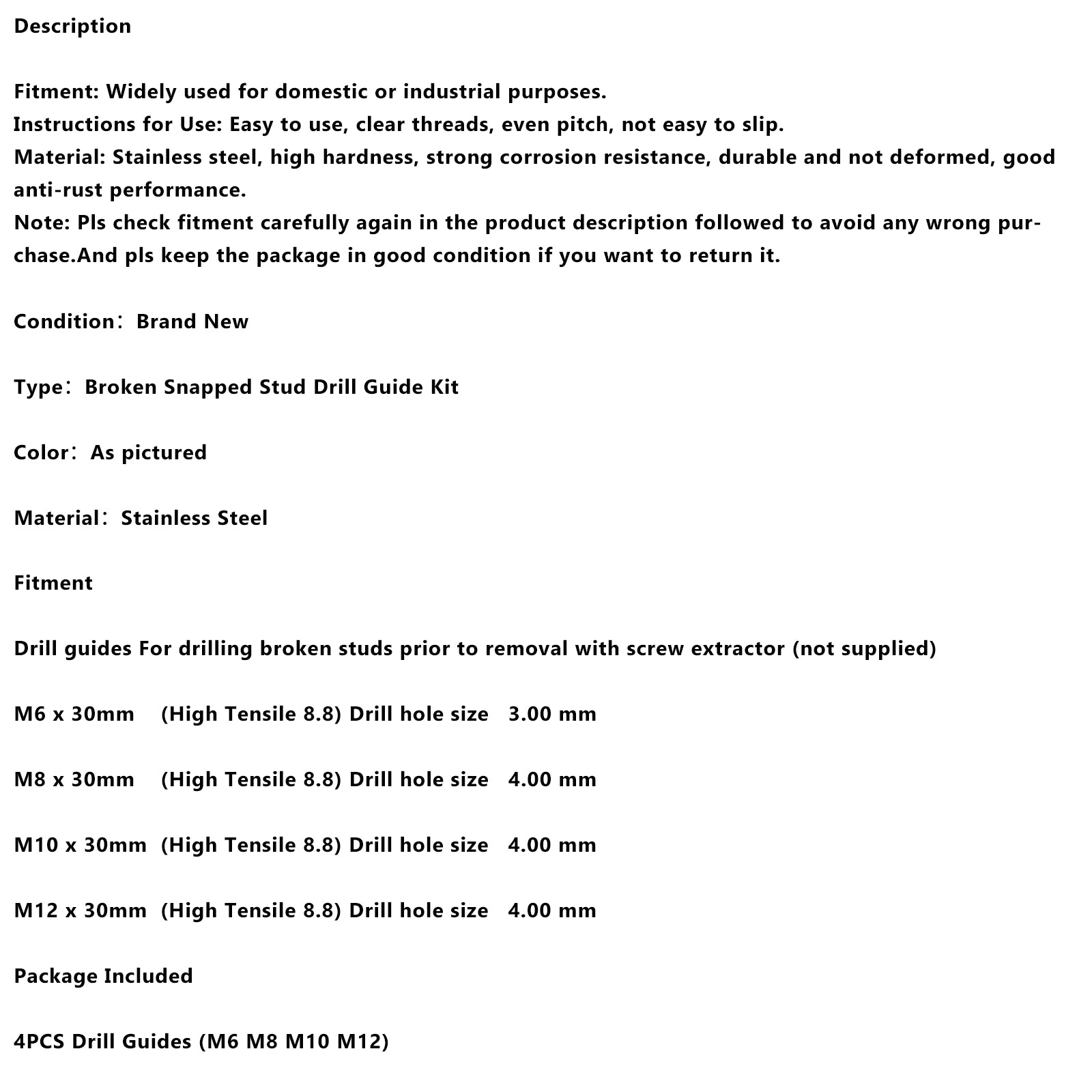 Aço inoxidável M6 & M8 & M10 & Kit de guia de broca M12 com pino quebrado e quebrado, 4 peças