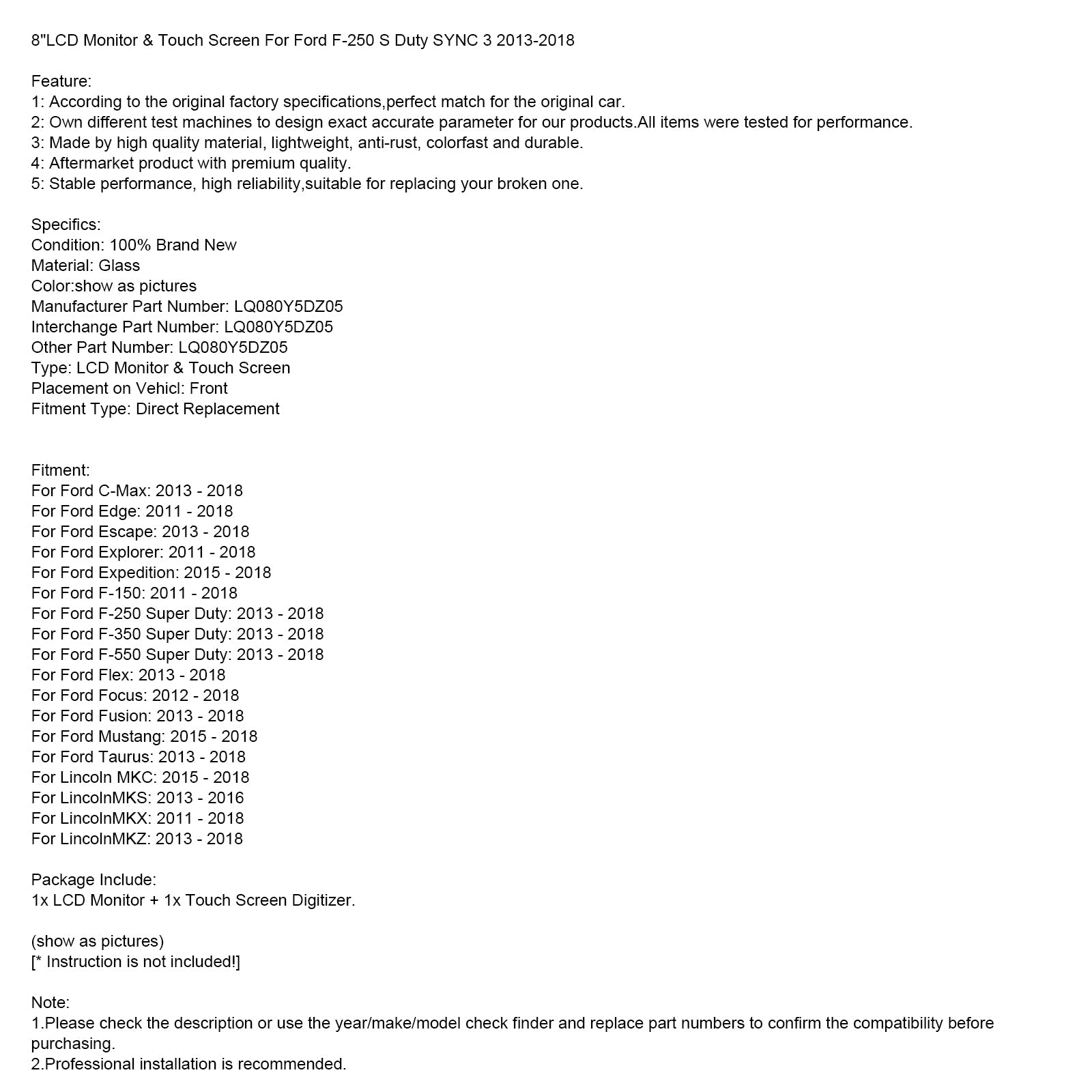 2013-2018 Ford Escape 8"LCD-skärm & Pekskärm LQ080Y5DZ05