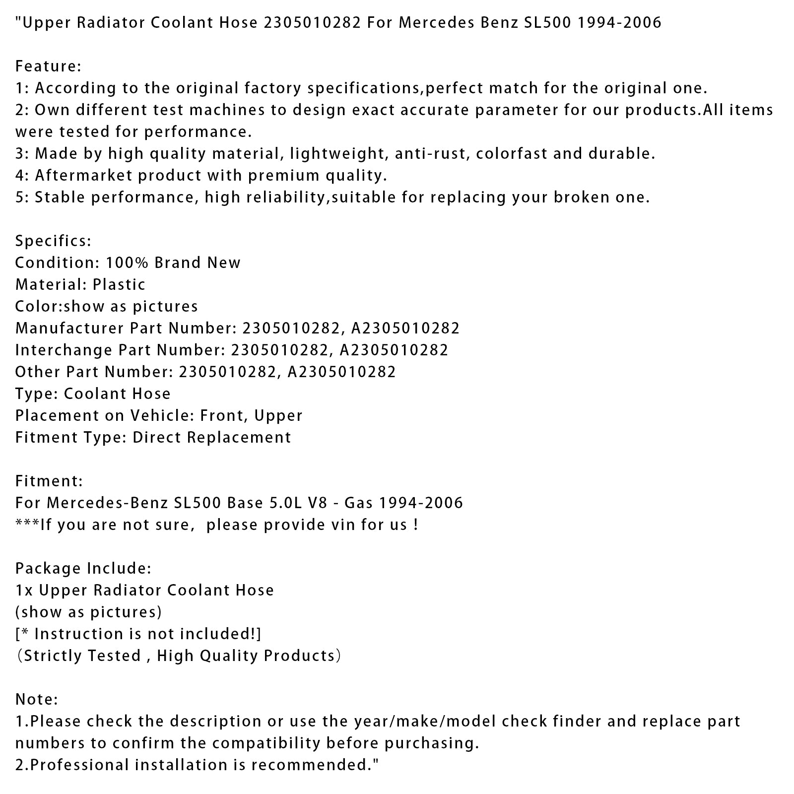 1994-2006 Mercedes Benz SL500 Horná kvapalina chladiacej kvapaliny 2305010282