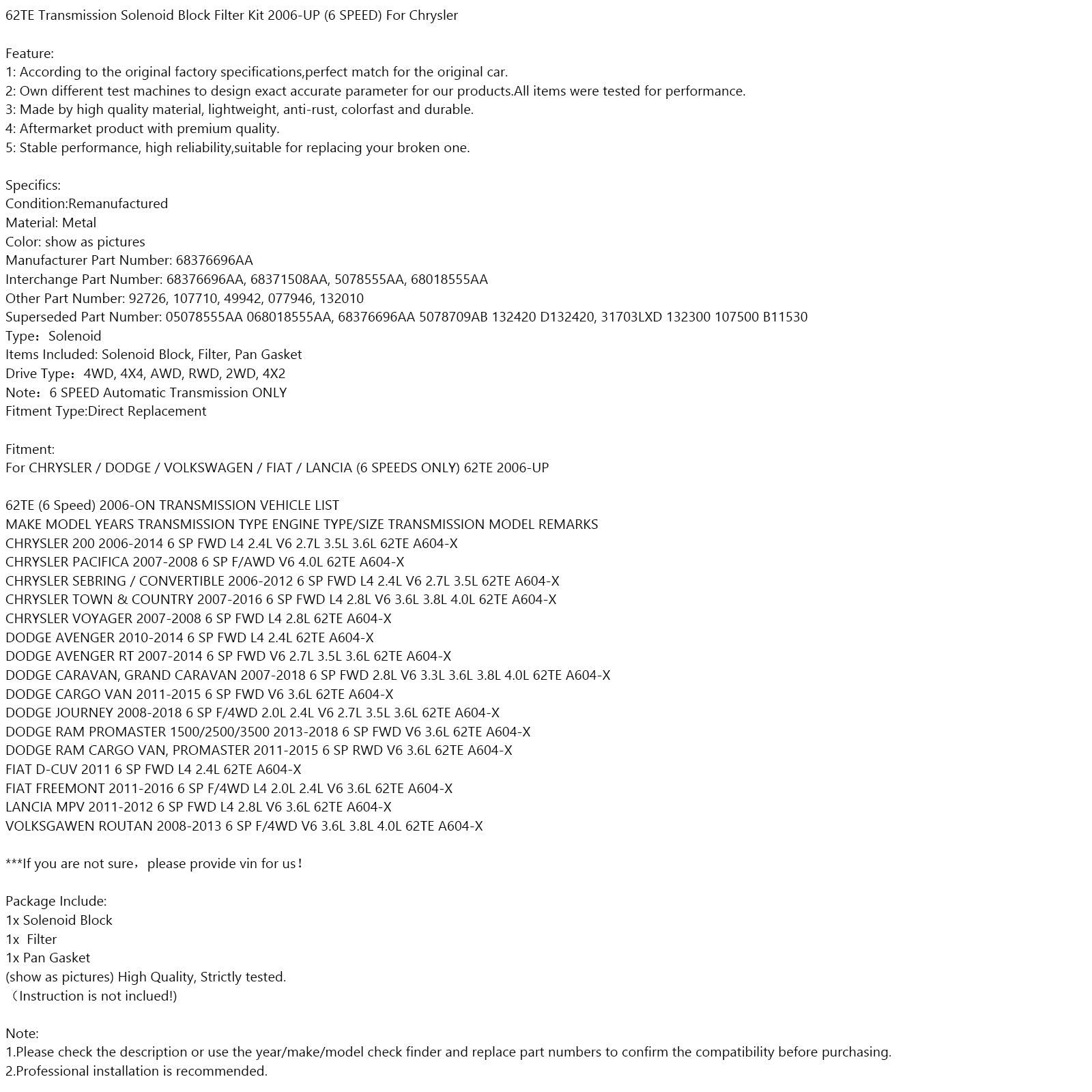 Chrysler 2006-Up (6 hastighet) Transmission Solenoid Block Filter Kit 62Te