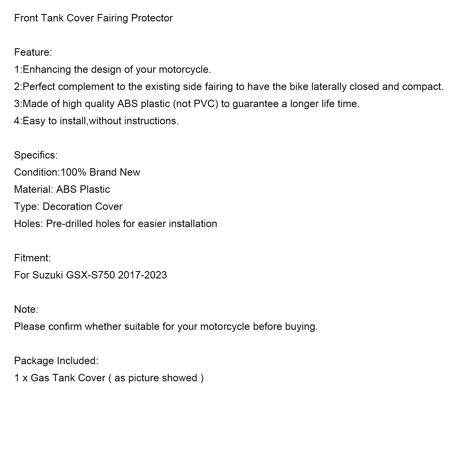 2017-2023 Suzuki GSX-S750 Paliva Front Tank Cover Cover Faquing Protector