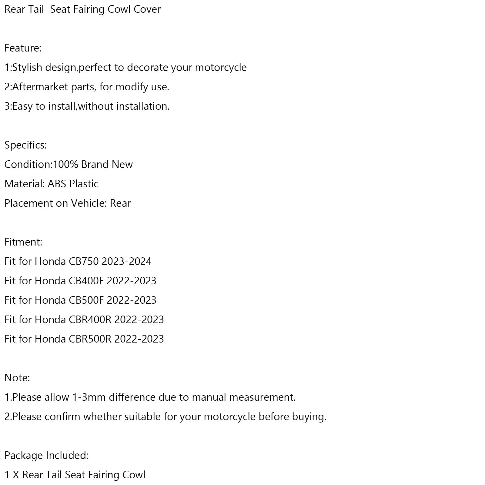 2022-2023 Honda CBR500R Bakre halesete Fairing Cover