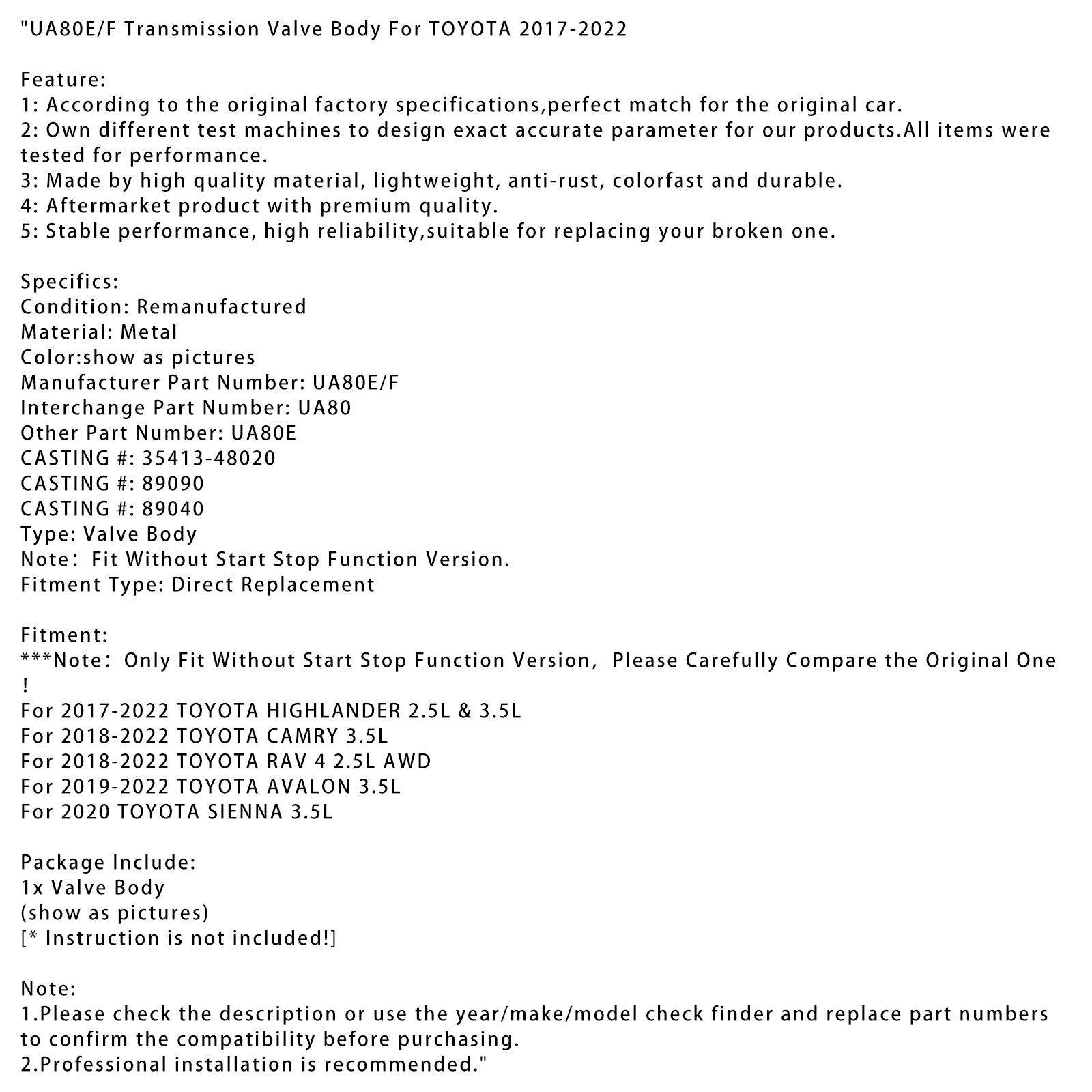 2017-2022 TOYOTA HIGHLANDER 2.5L & 3.5L Transmission Valve Body UA80E/F 35413-48020 89090