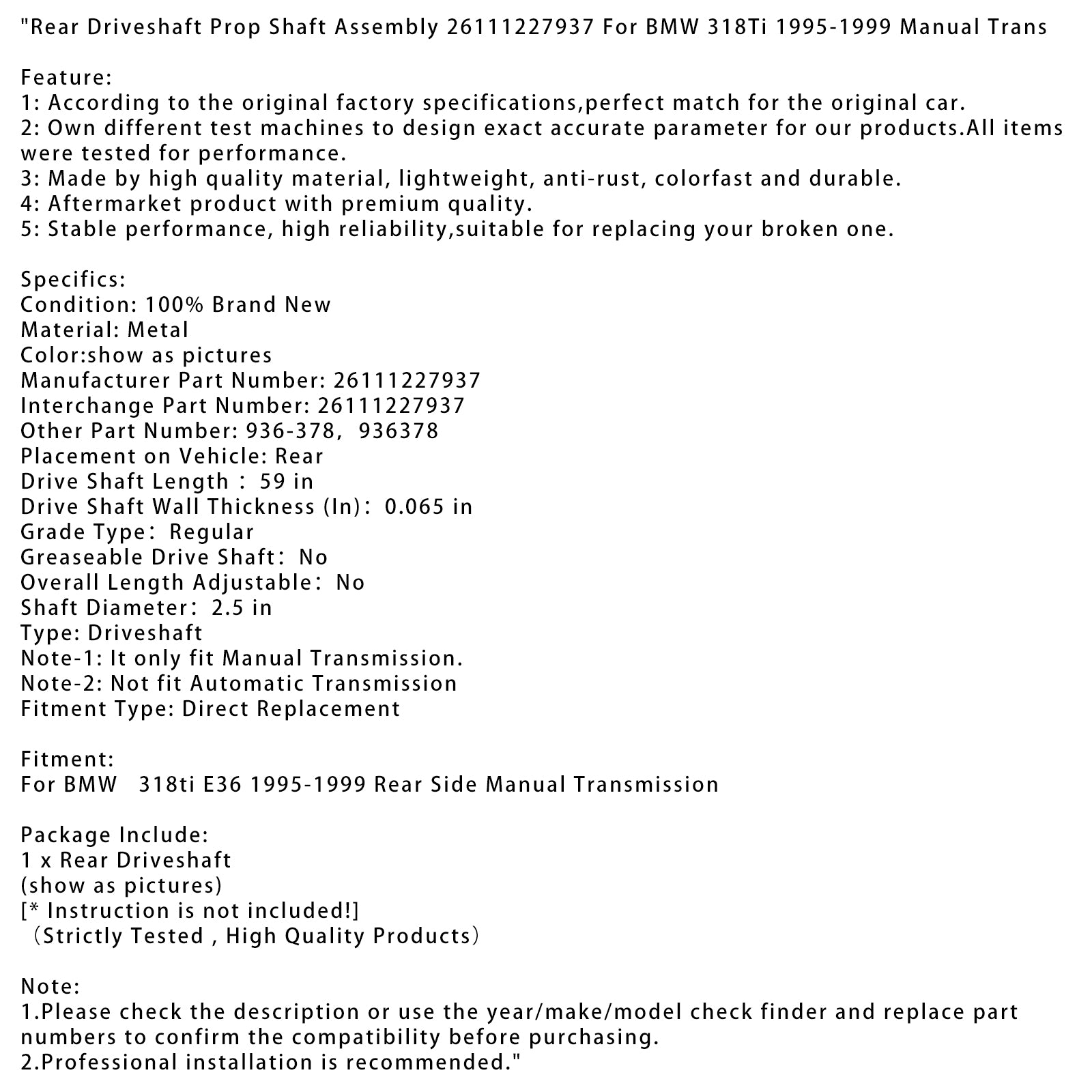 1995-1999 BMW 318TI E36 Zadná bočná príručka prevodovky Zadná hriadeľ hriadeľa 26111227937