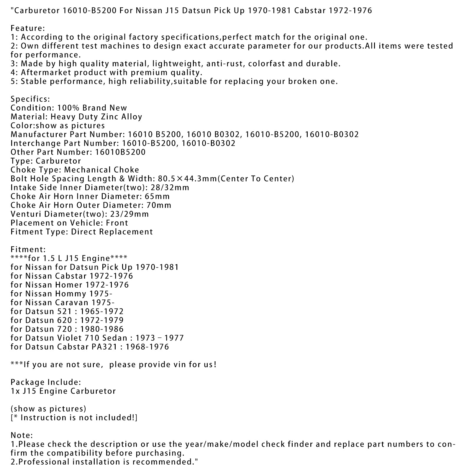 1972-1979 Datsun 620 1,5 L J15 Carburador de motor 16010-B5200 16010-B0302