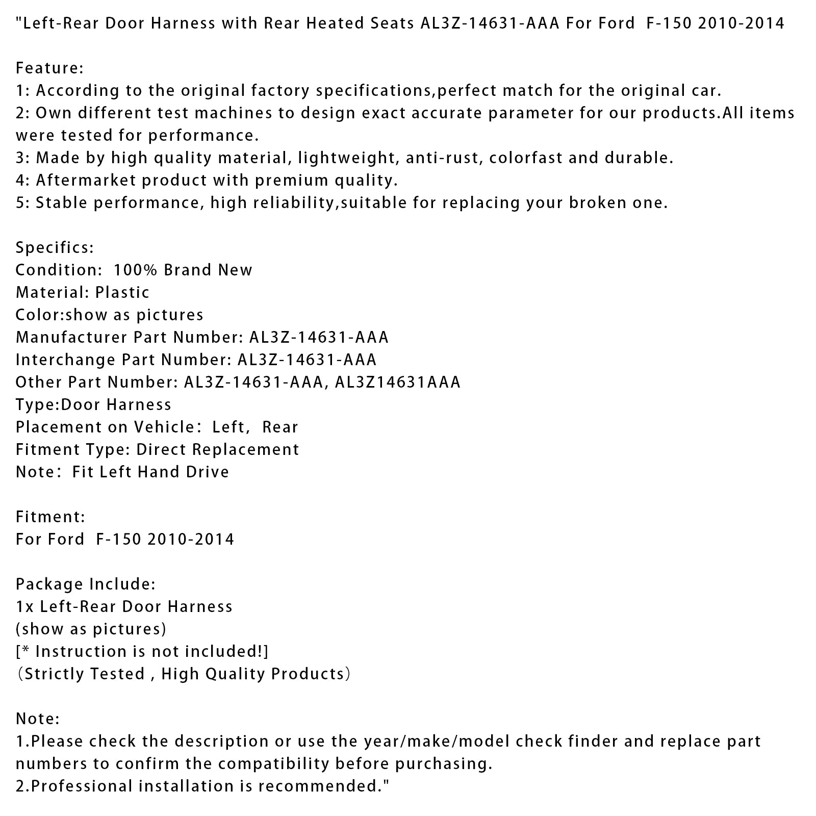 2010-2014 Ford F-150 Left-Rear Door Harness with Rear Heated Seats AL3Z-14631-AAA