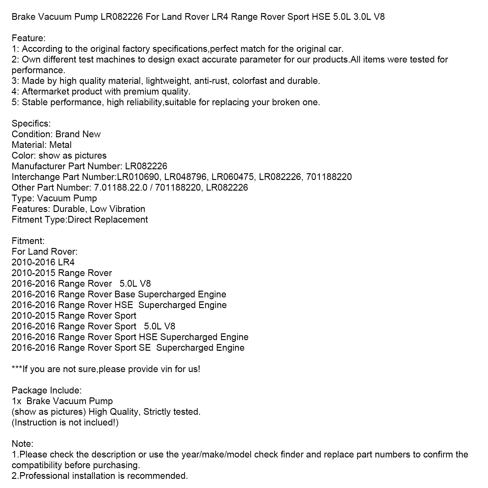 Land Rover LR4 Range Rover Sport HSE 5.0L 3.0L V8 remvacuümpomp LR082226