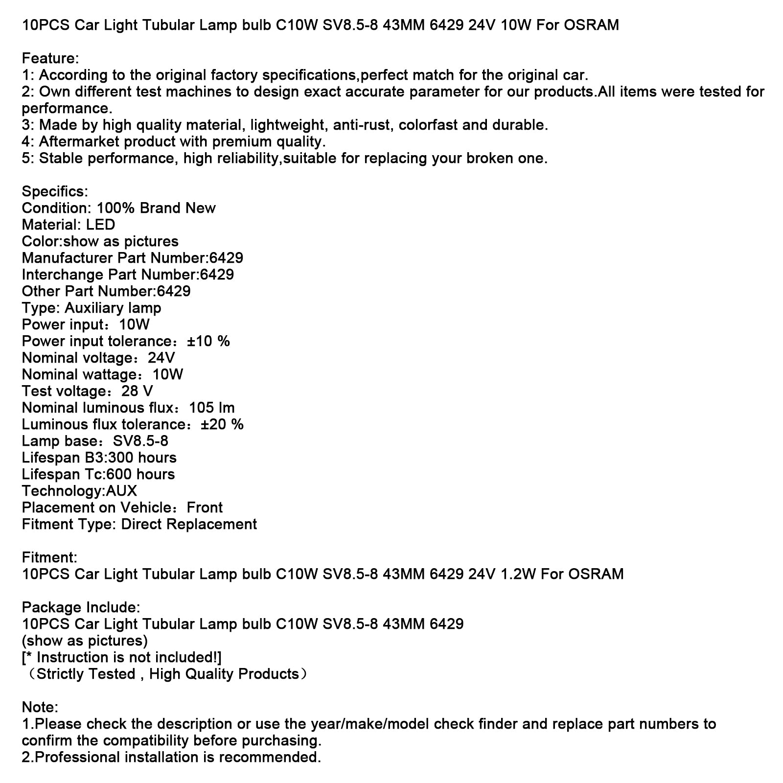 10ks auta Svetlá trubica žiarovka žiarovka C10W Sv8.5-8 43 mm 6429 24V 10W pre Osram