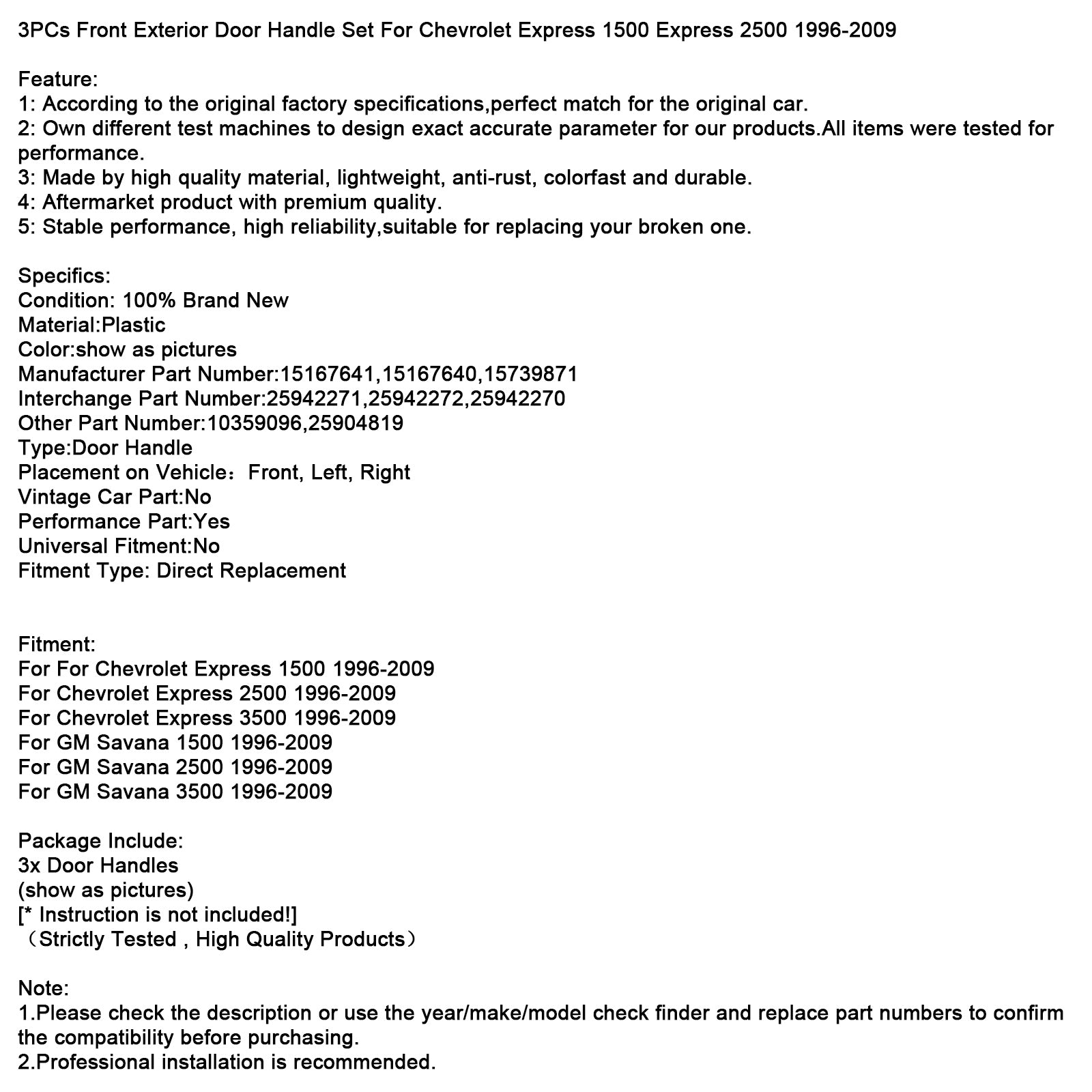 3PCs Front Exterior Door Handle Set For Chevrolet Express 1500 2500 1996-2009