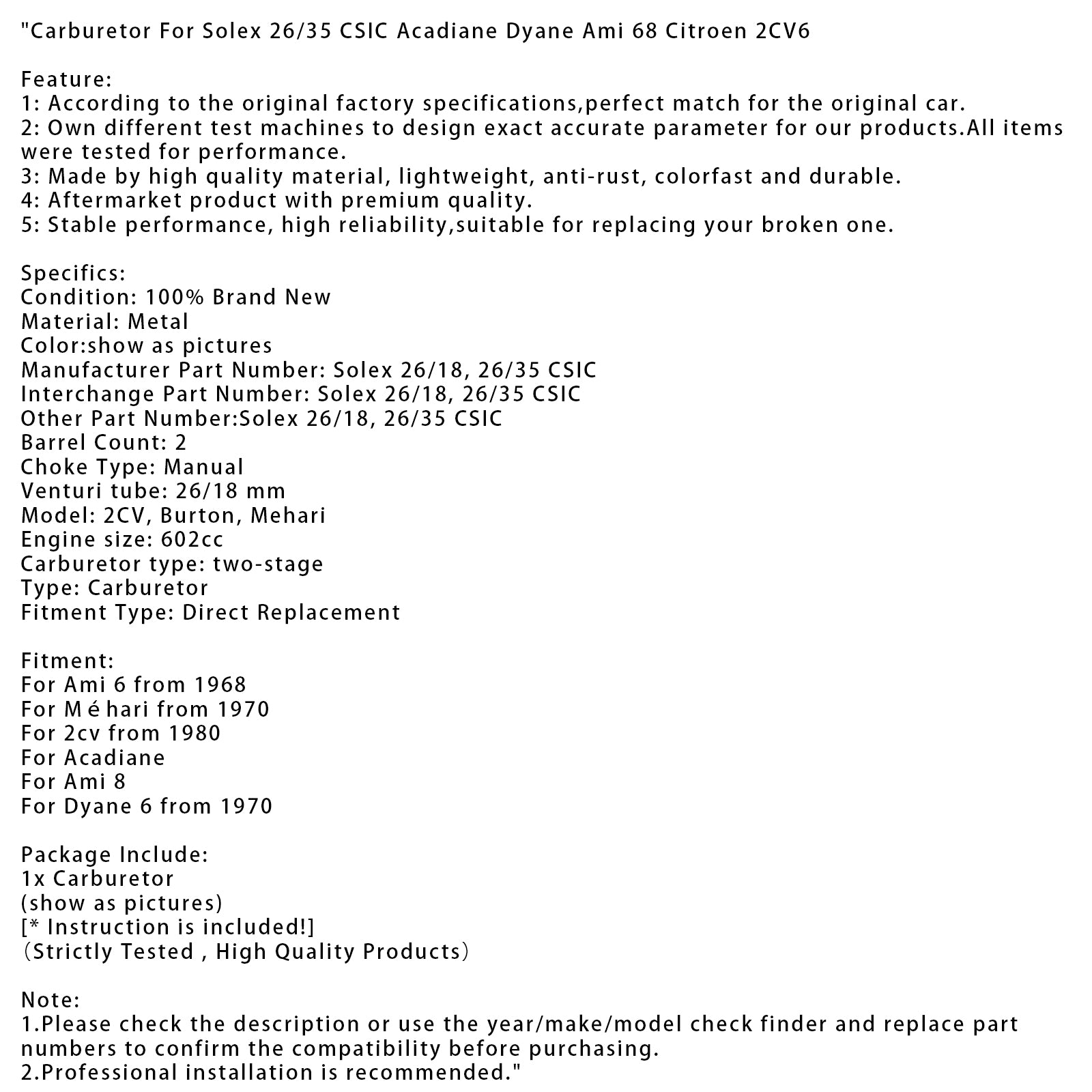 Carburateur pour Solex 26/35 CSIC Acadiane Dyane Ami 68 Citroen 2CV6