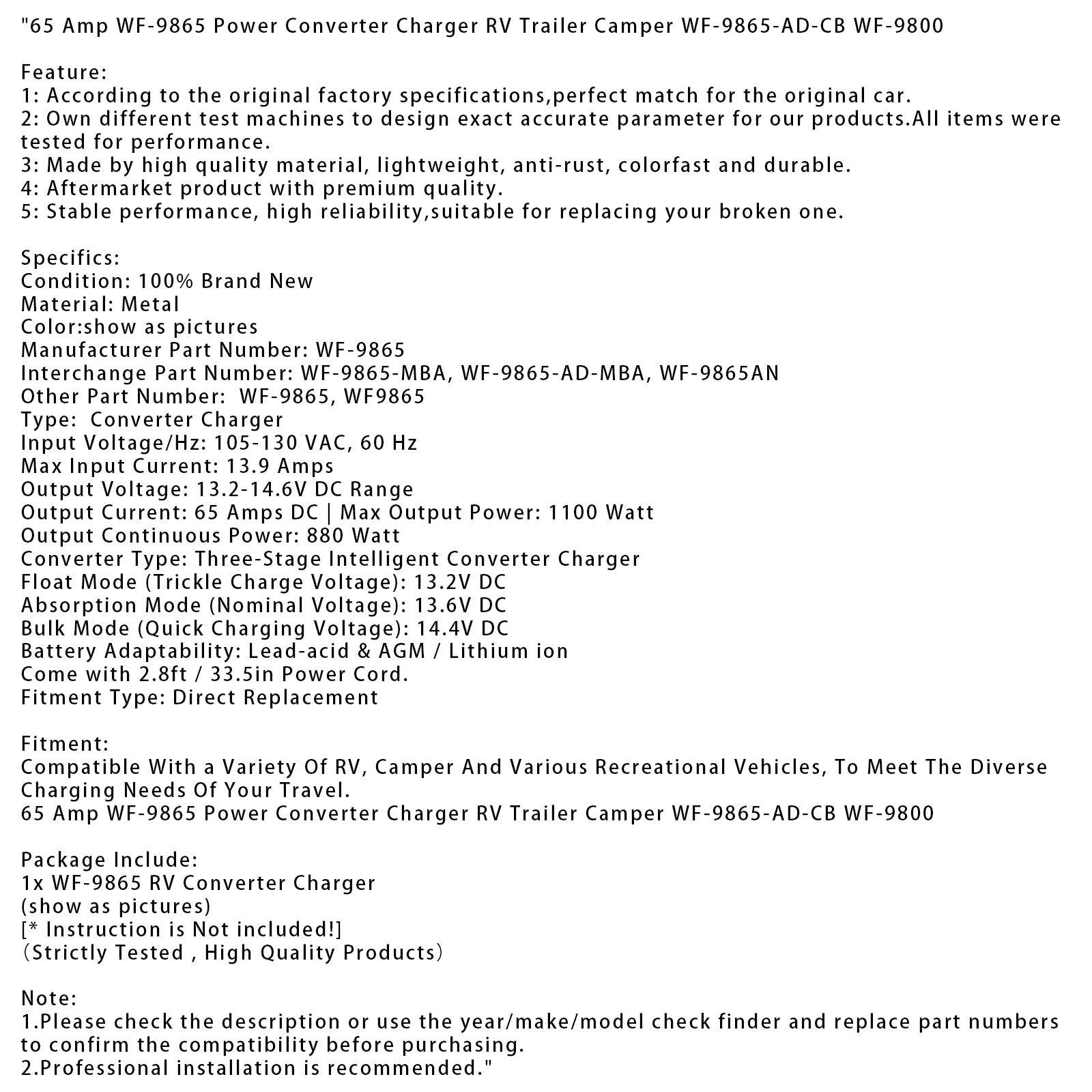 65 Amp WF-9865 Power Converter Charger RV Trailer Camper WF-9865-AD-CB WF-9800