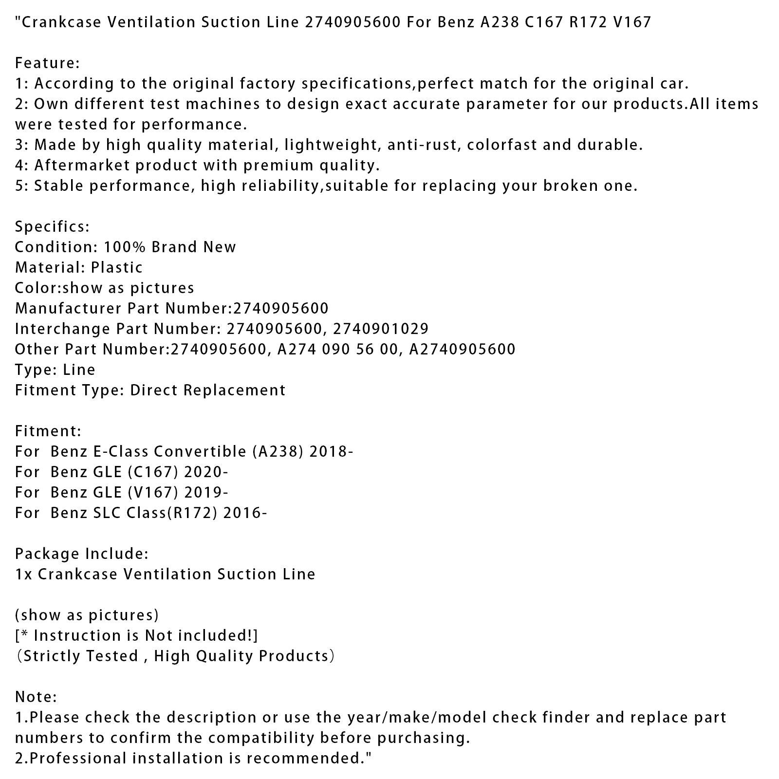 2018-on Benz E-Class Convertible (A238) Crankcase Ventilation Suction Line 2740905600