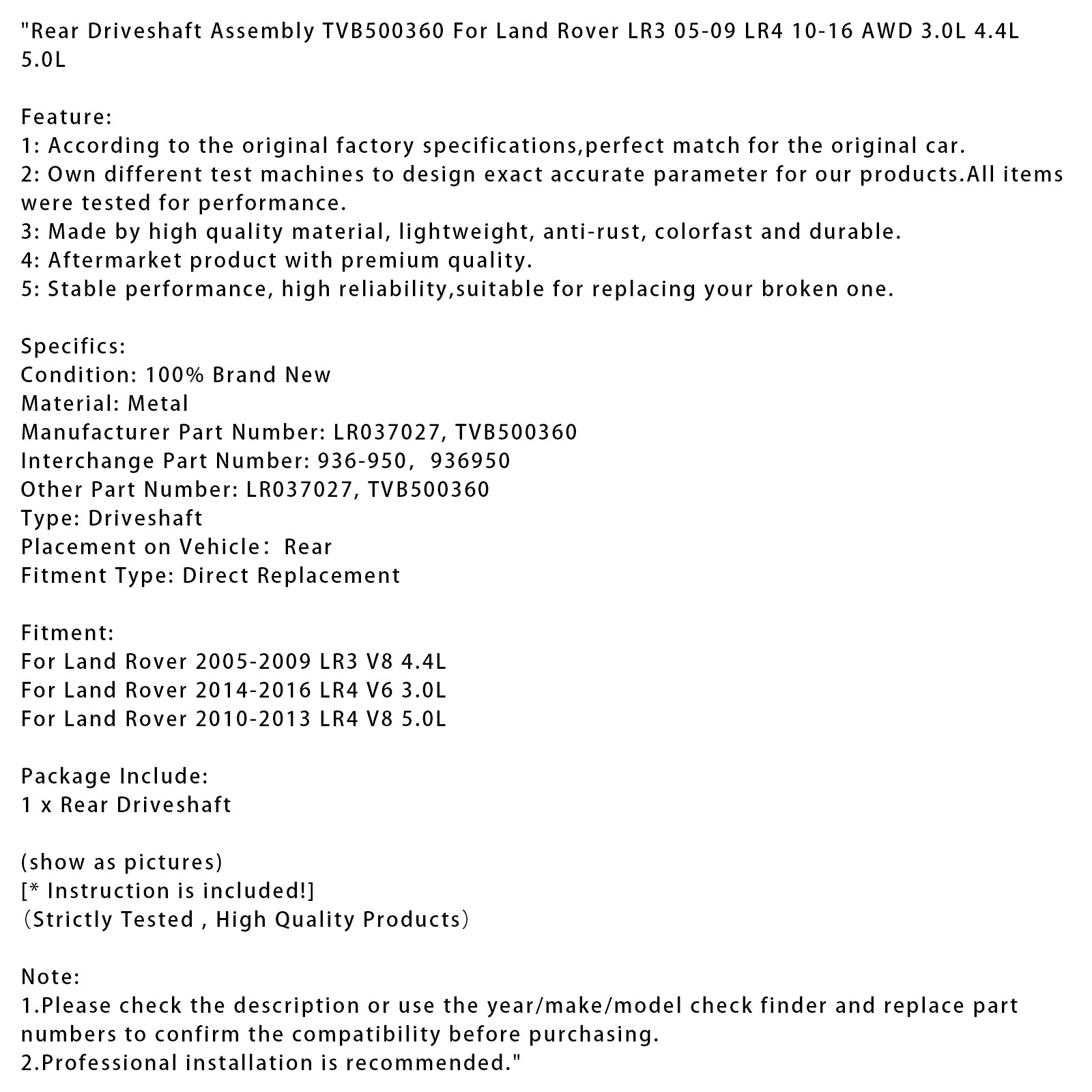 2010-2013 Land Rover LR4 V8 5.0L Arbre de transmission arrière TVB500360