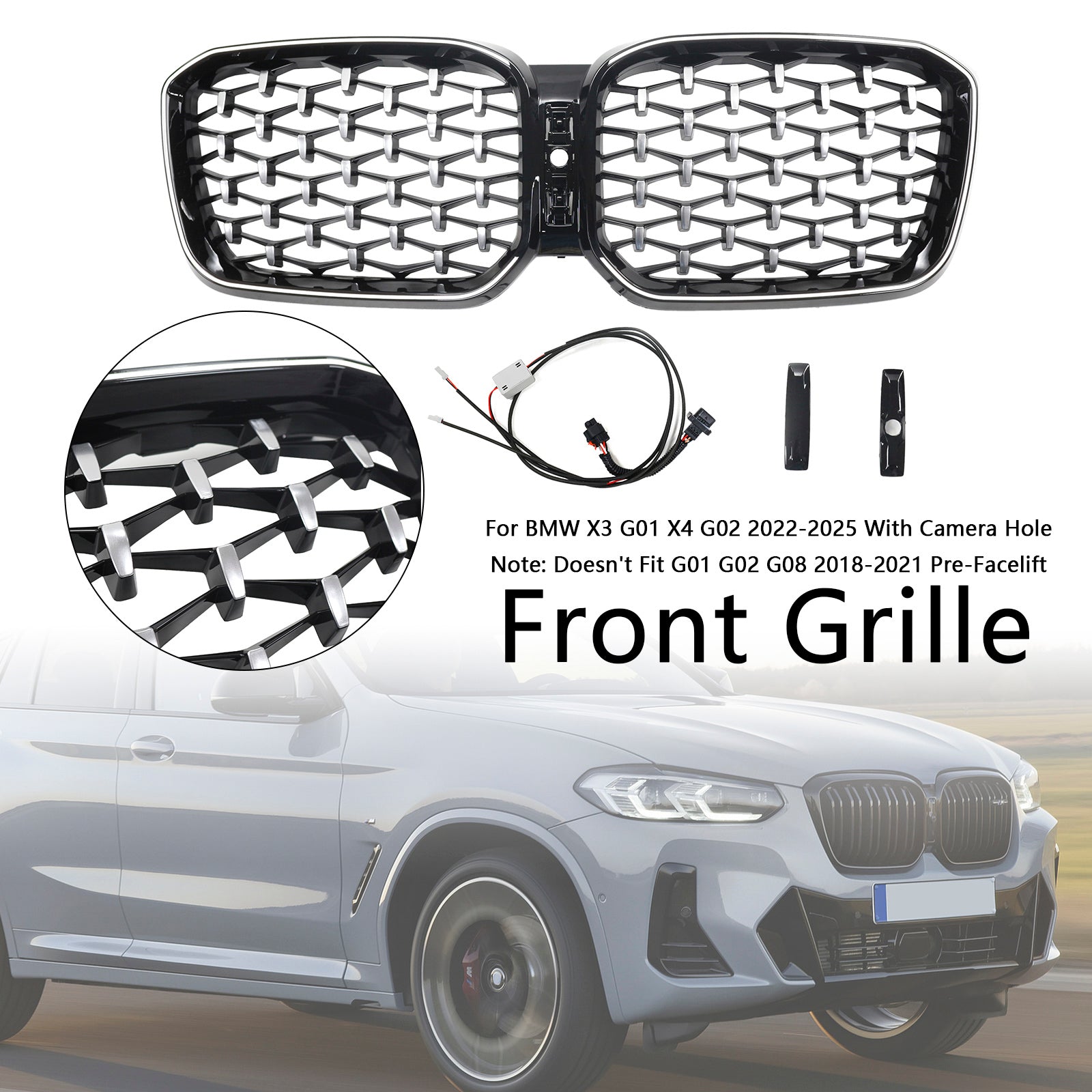 2022-2025 BMW X3 G01 X4 G02 Diamond Front Bumper Kidney Grille Chorme