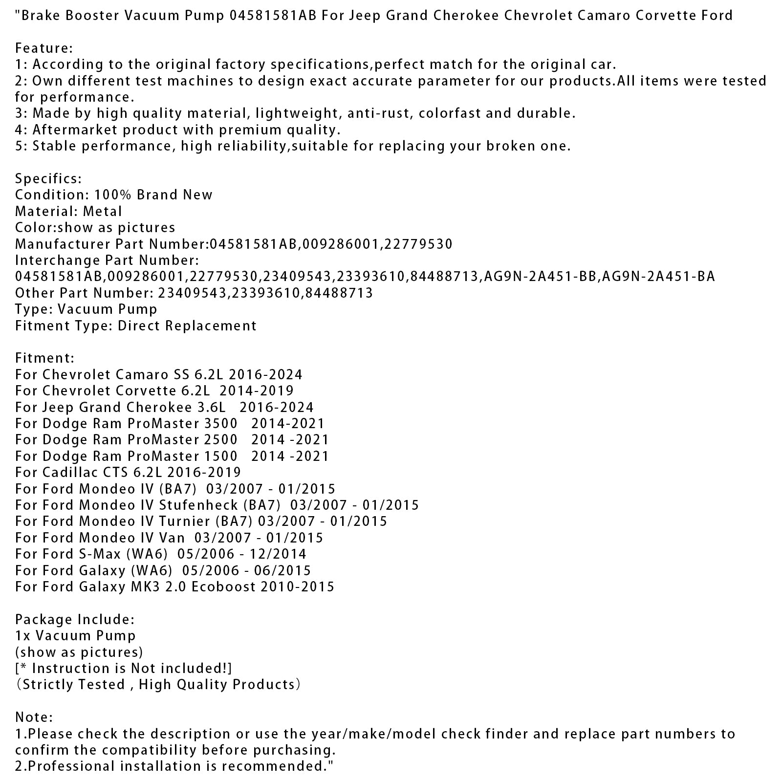 03/2007-01/2015 Ford Mondeo IV (BA7) Brake Booster Vacuum Pump 04581581AB 84488713