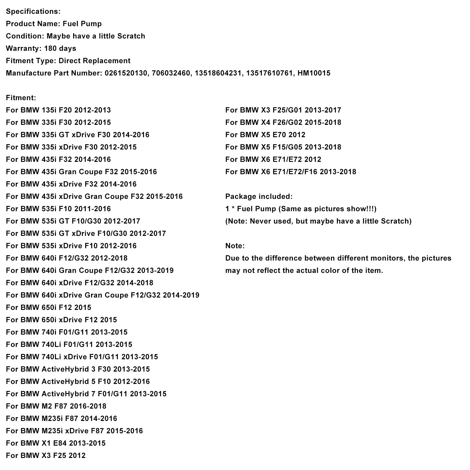 High Pressure Fuel Pump 13517610761 Fit BMW 335i 435i X3 X4 X5 X6 L6 3.0L