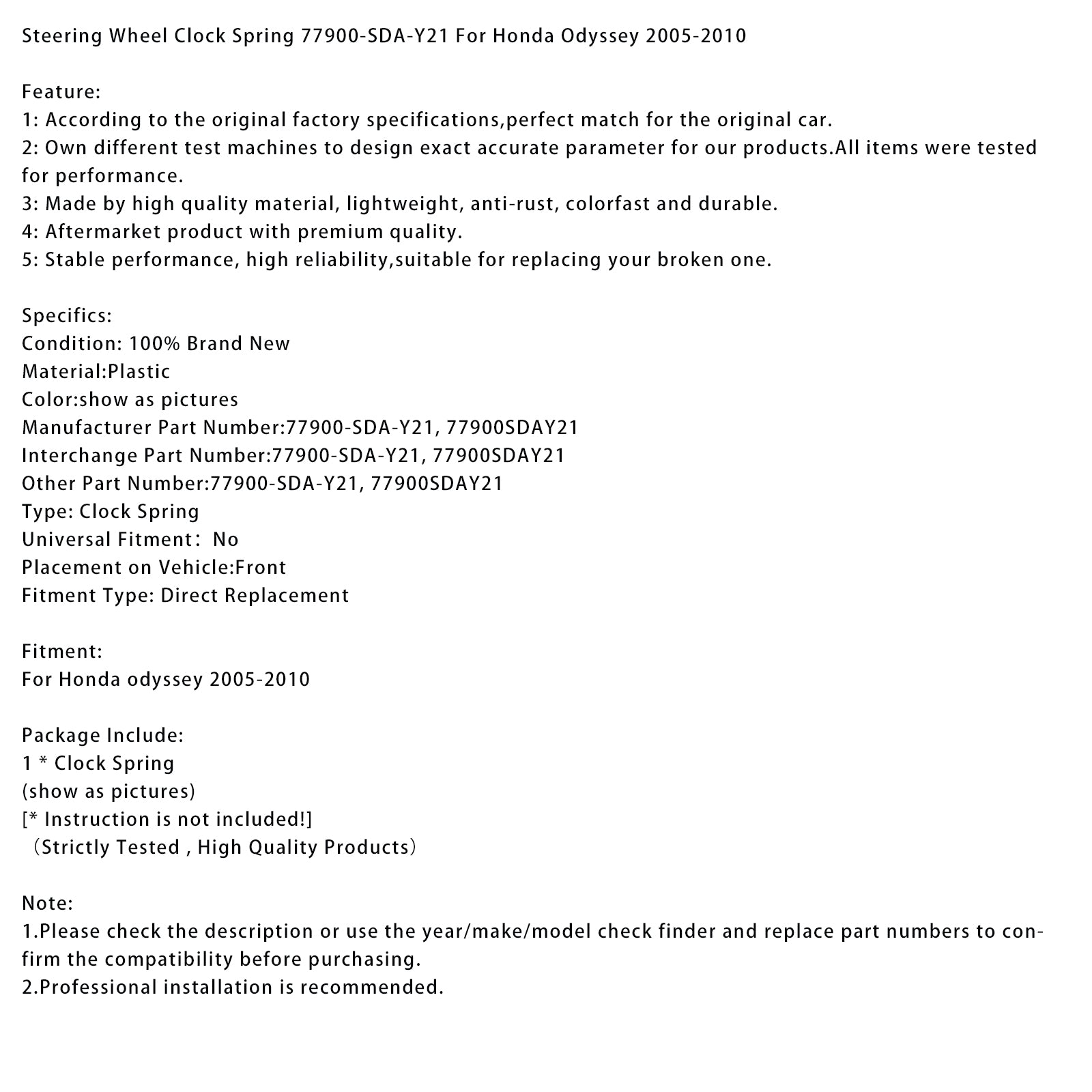 2005-2010 Honda Odyssey Steering Wheel Clock Spring 77900-SDA-Y21