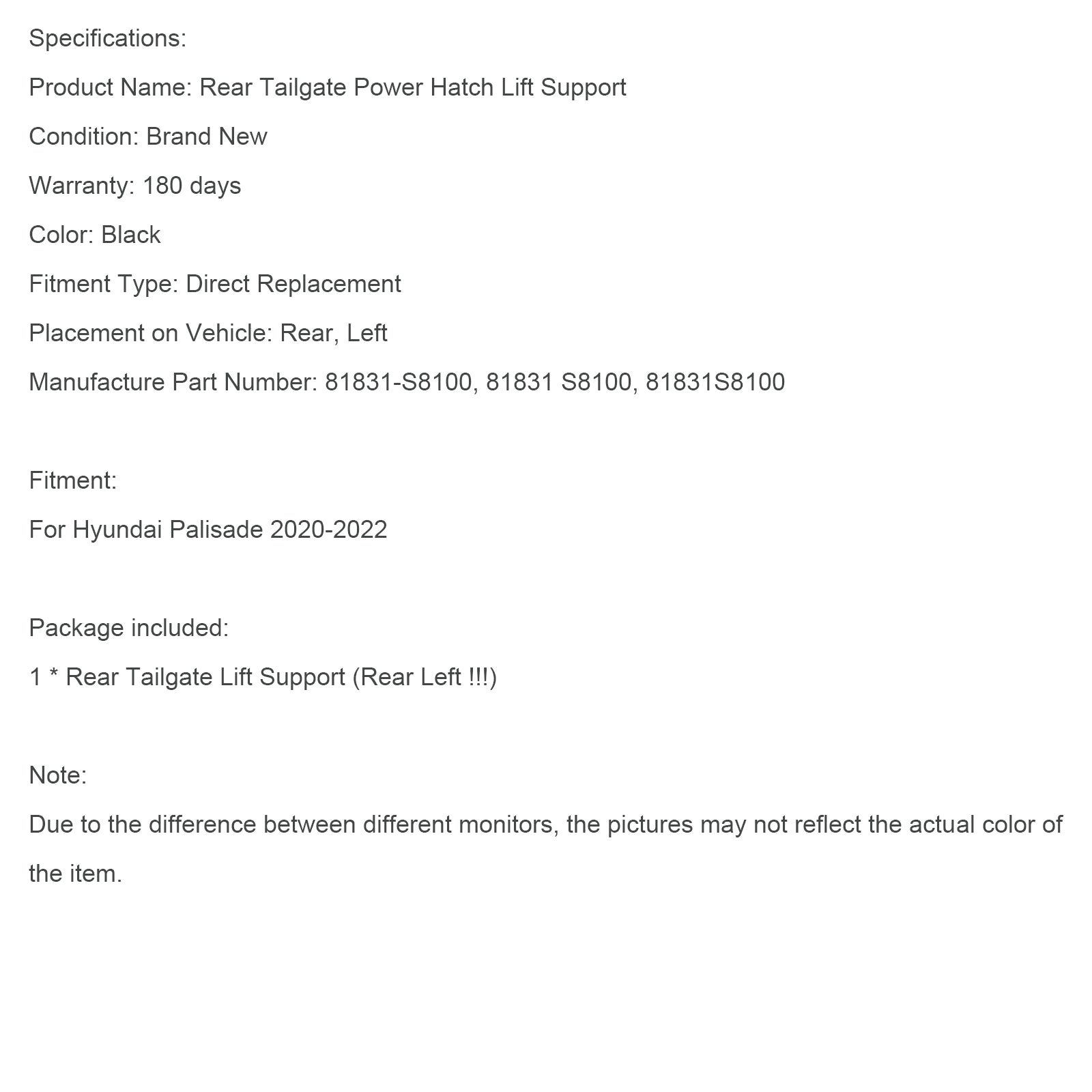 2020-2022 Hyundai Palisade gauche unité d'entraînement Assy Power Tail Gate 81831-S8100