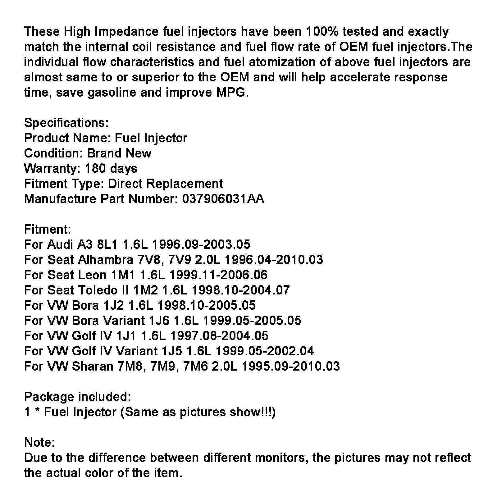 1PCS Brandstofinjector 037906031AA Fit Audi A3 1.6L 1996-2003 Fit Seat Fit VW